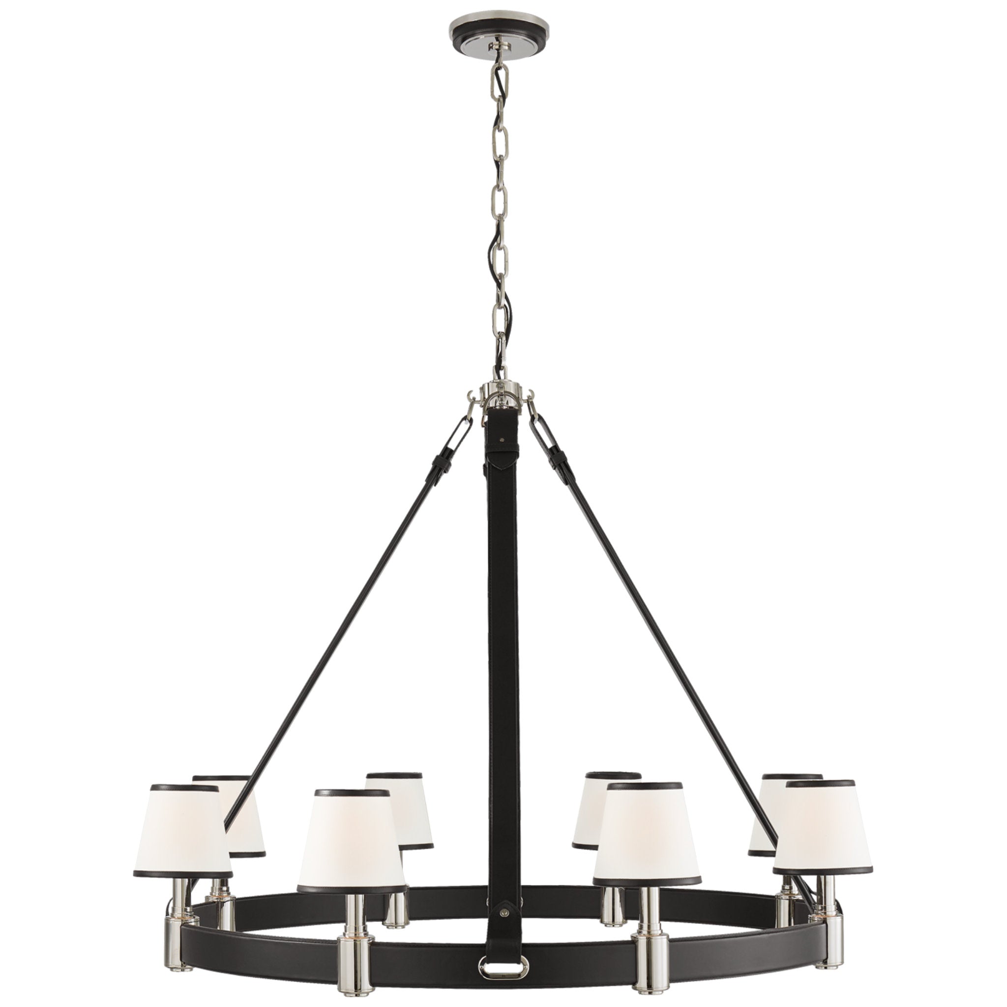 Ralph Lauren Riley Large Ring Chandelier in Polished Nickel and Chocolate Leather w/ Leather Trimmed Linen Shades Ceiling Light W47.75" x H40"