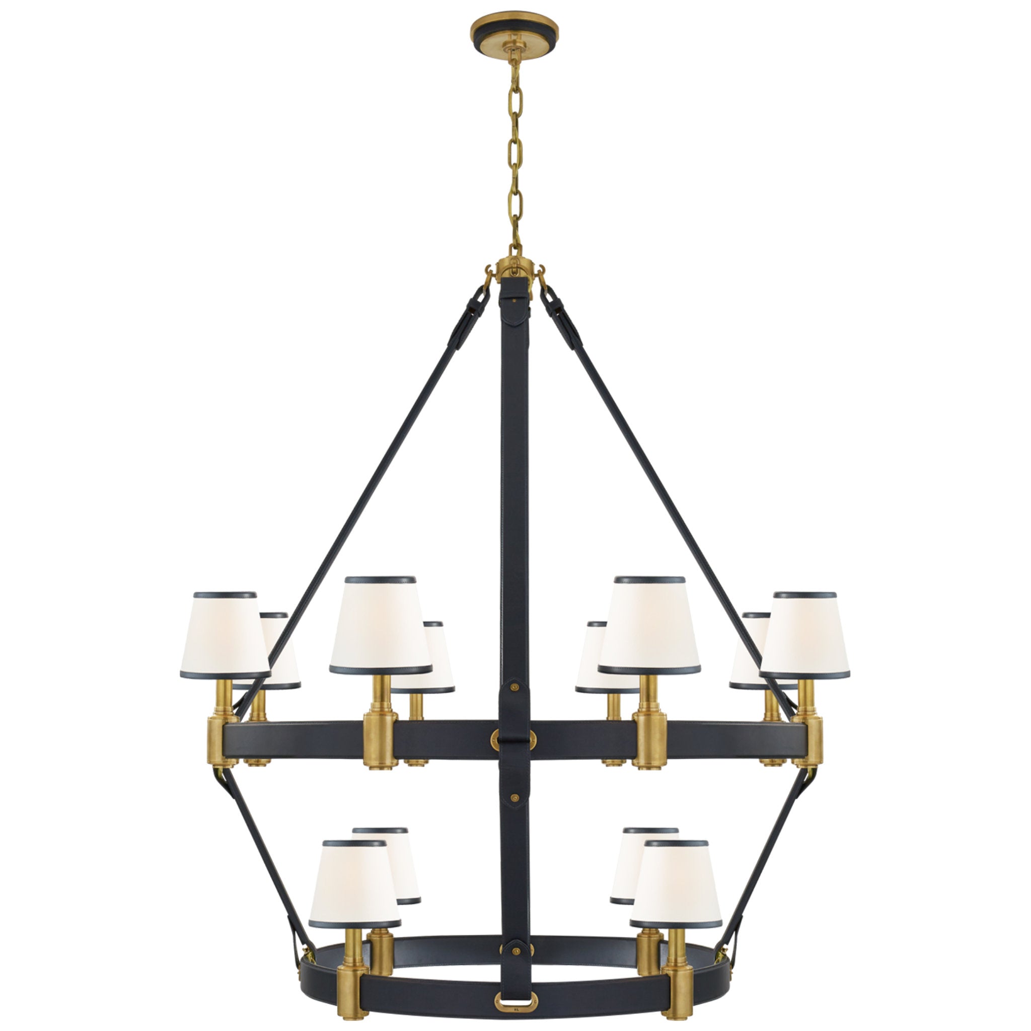 Ralph Lauren Riley Large Two Tier Chandelier in Natural Brass and Navy Leather with Leather Trimmed Linen Shades Ceiling Light W45.25" x H54"