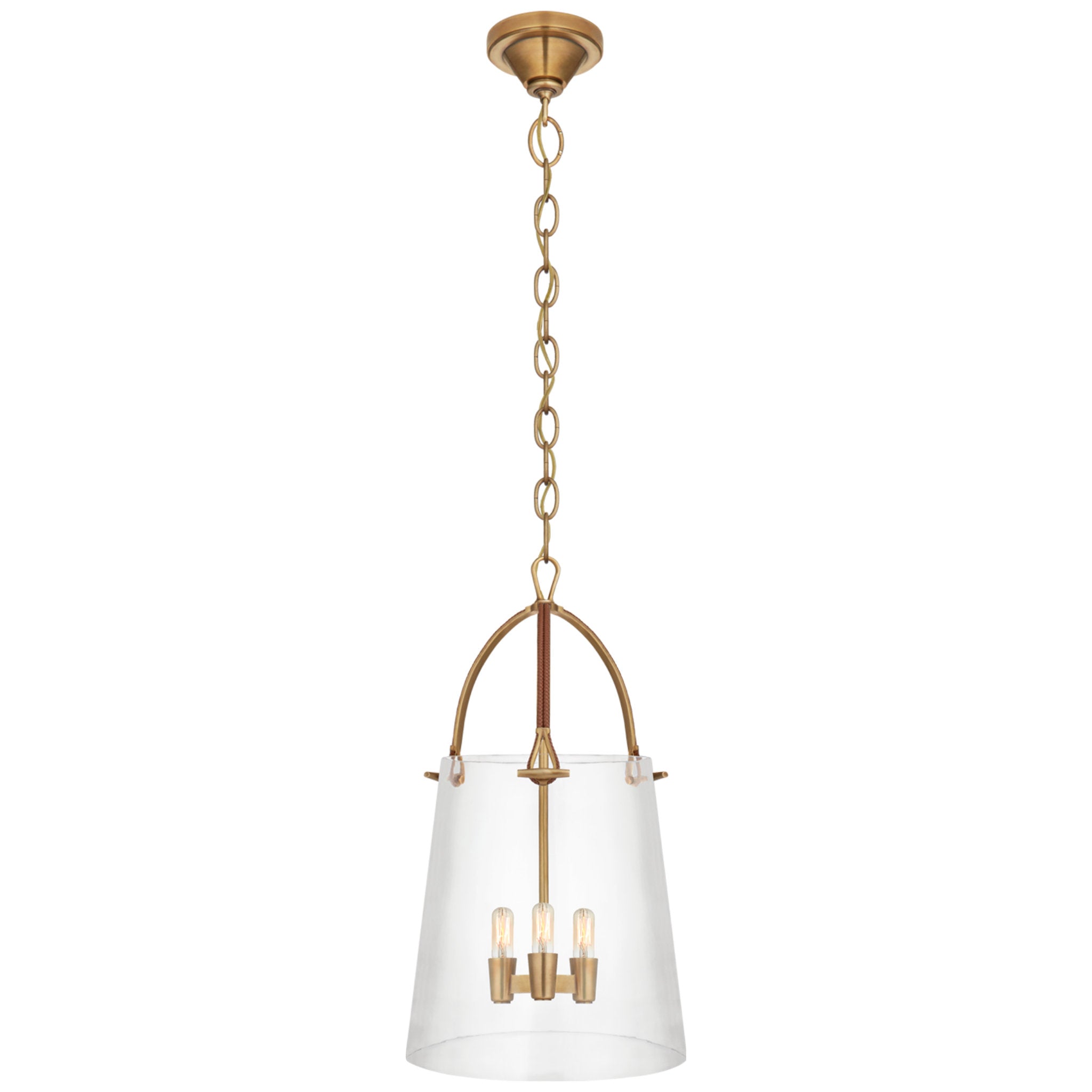 Ralph Lauren Julian Medium Lantern in Natural Brass and Saddle Leather with Clear Glass Ceiling Light W14" x H25.75"