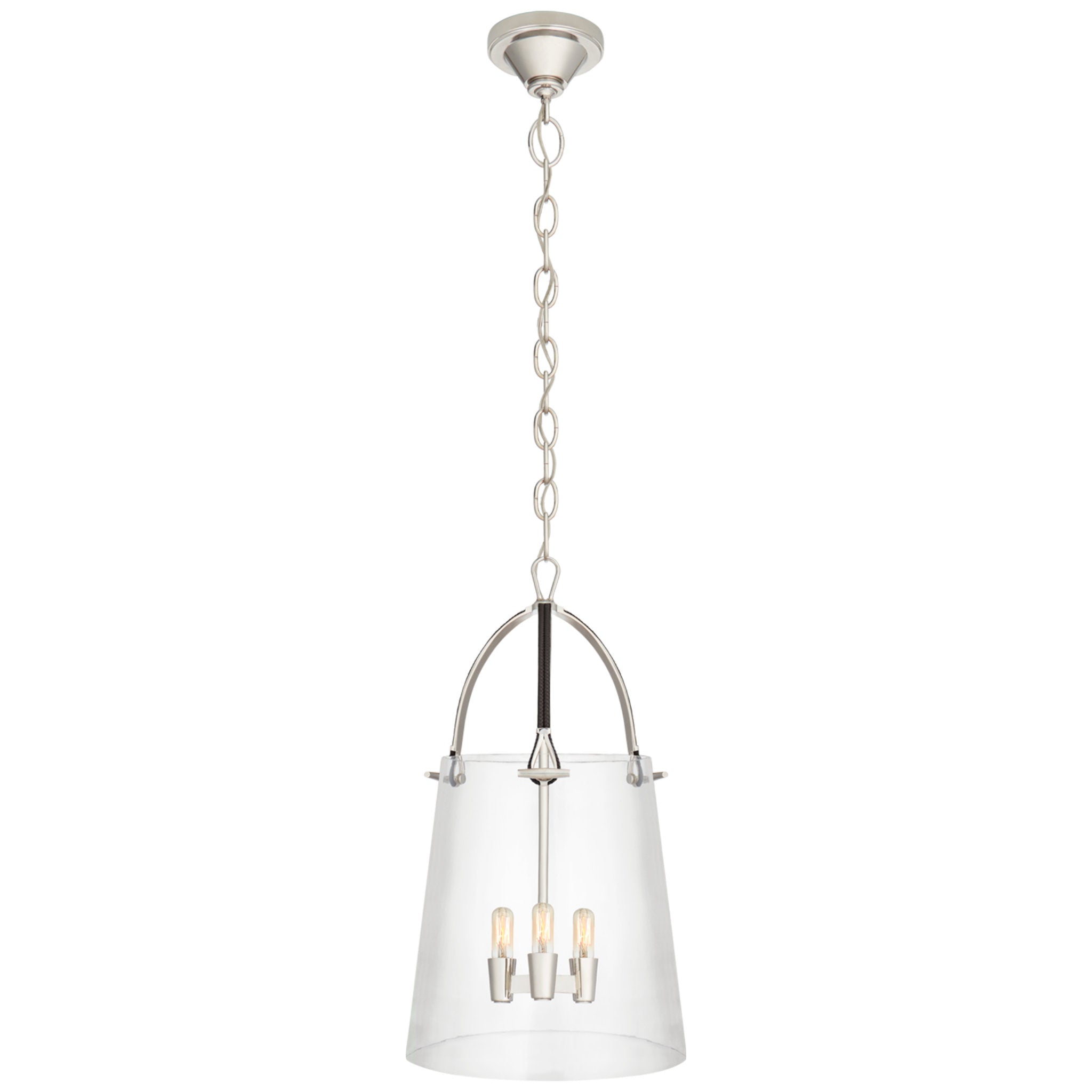 Ralph Lauren Julian Medium Lantern in Polished Nickel and Chocolate Leather with Clear Glass Ceiling Light W14" x H25.75"