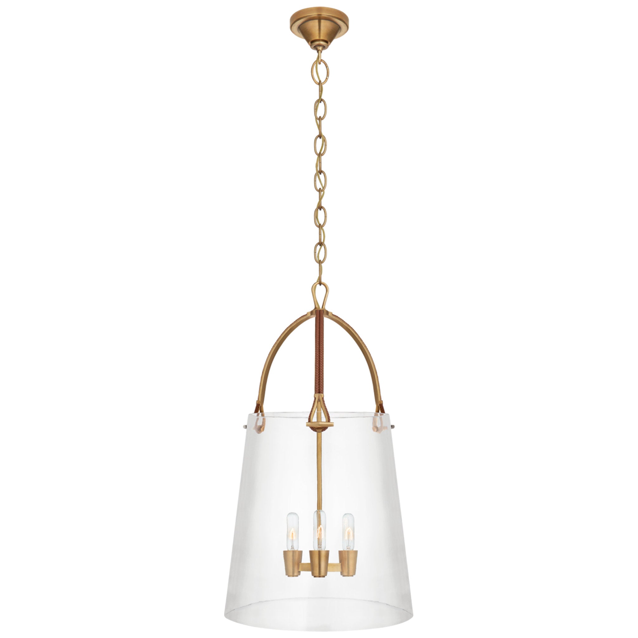 Ralph Lauren Julian Large Lantern in Natural Brass and Saddle Leather with Clear Glass Ceiling Light W18.5" x H33.5"