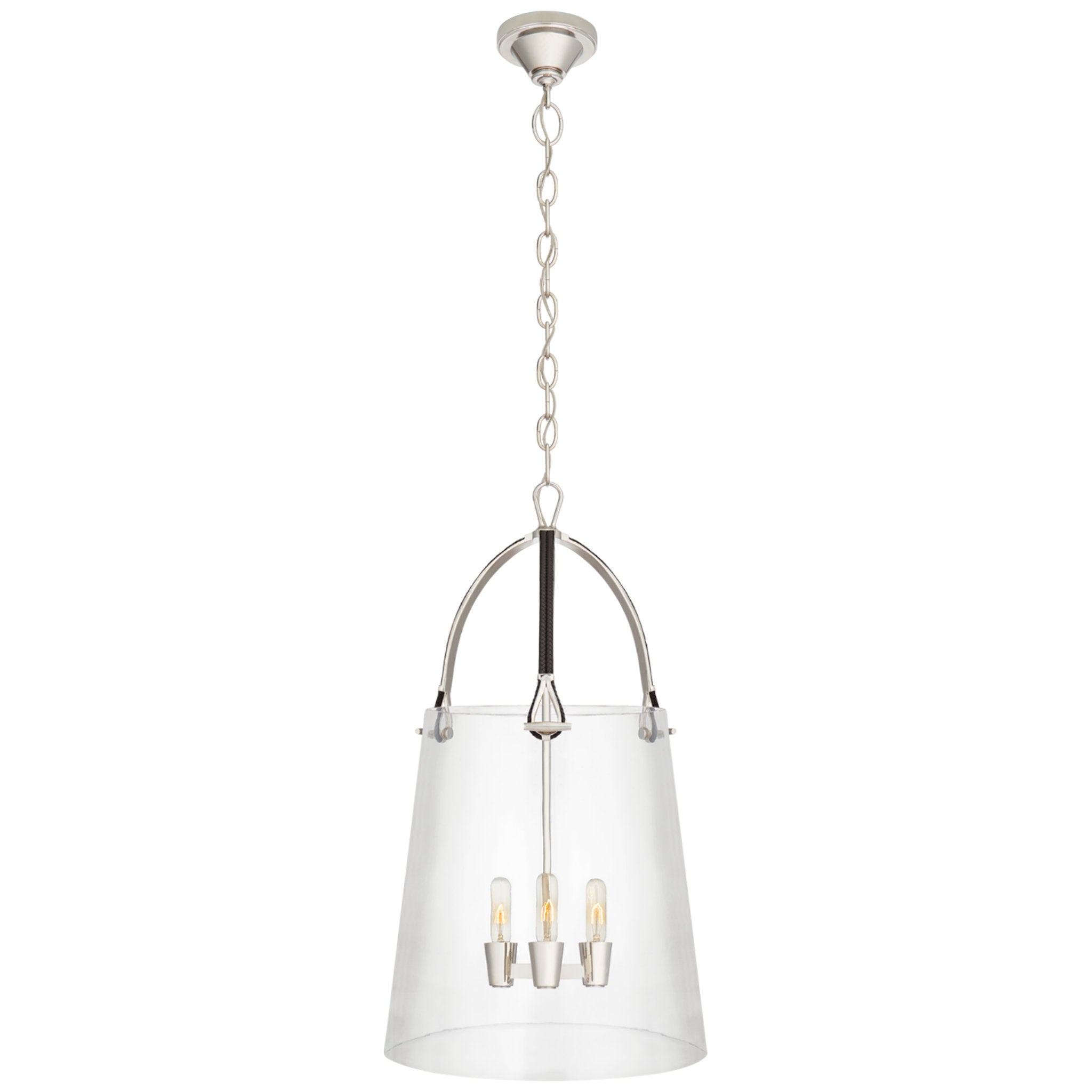 Ralph Lauren Julian Large Lantern in Polished Nickel and Chocolate Leather with Clear Glass Ceiling Light W18.5" x H33.5"