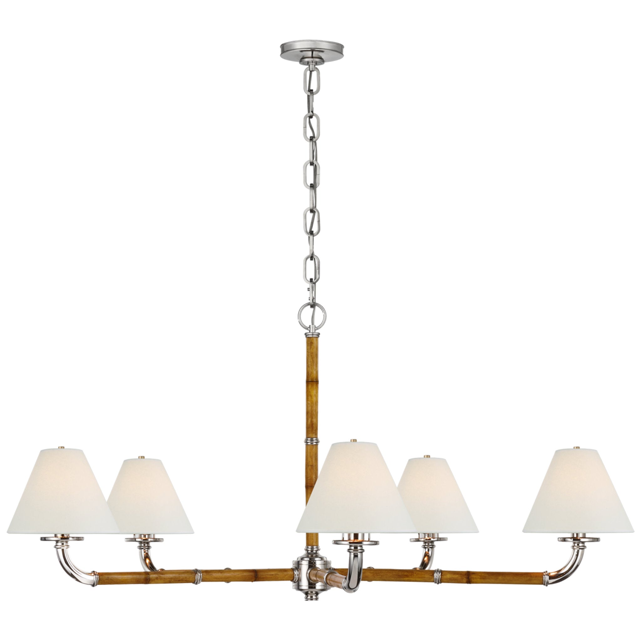 Ralph Lauren Dalfern Large Chandelier in Waxed Bamboo and Polished Nickel with White Parchment Shades Ceiling Light W47.25" x H23"