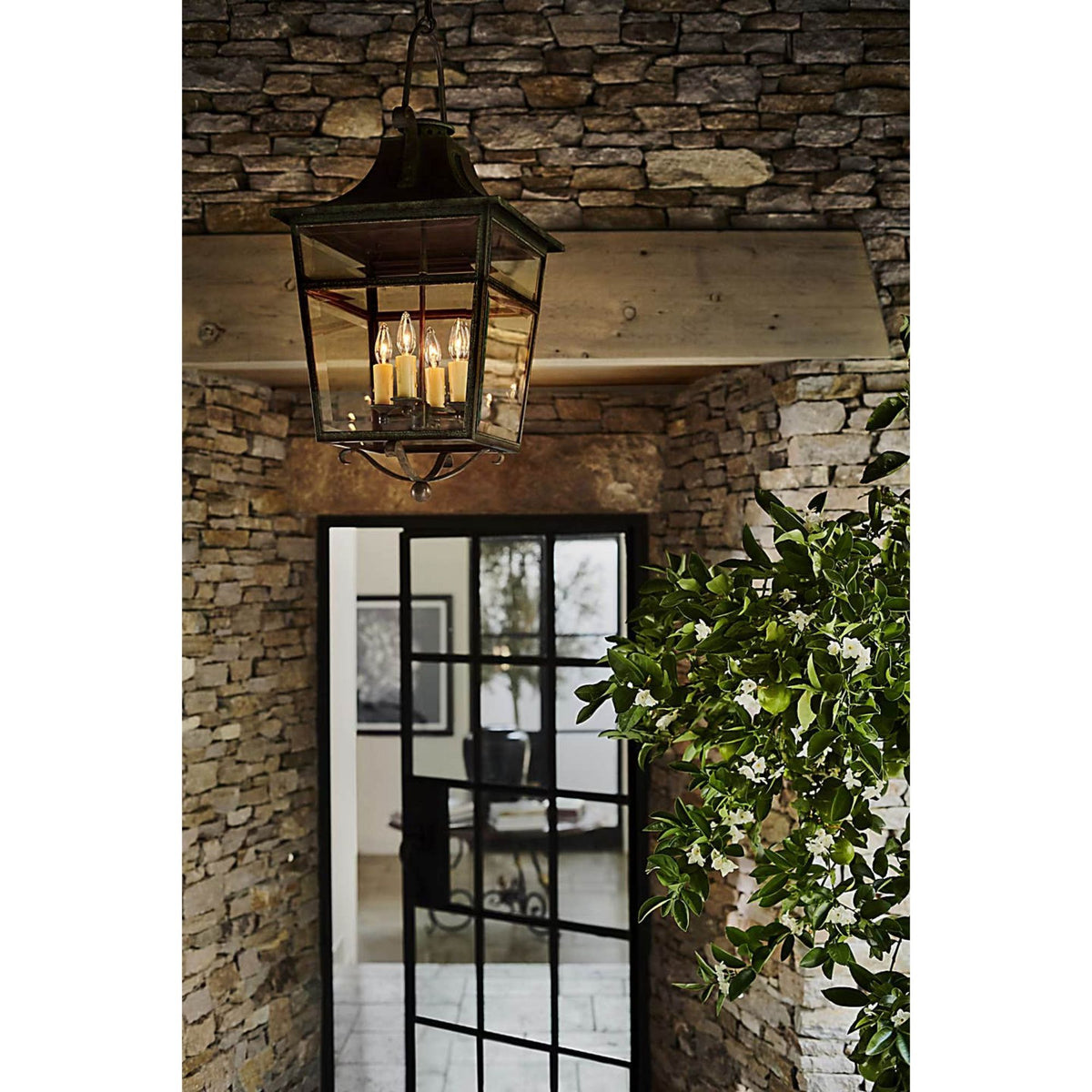 Ralph Lauren Carrington Small Lantern in Weathered Verdigris with Clear Glass W16" x H34.5"