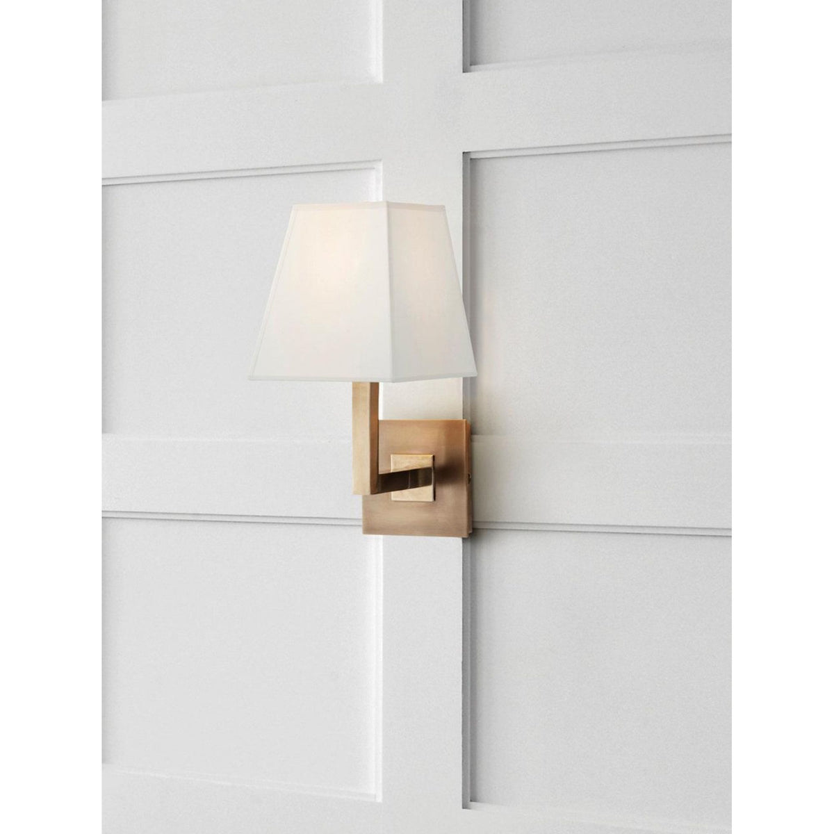 Visual Comfort Architectural Wall Sconce in Hand-Rubbed Antique Brass with Square Linen Shade W7" x H12.75" x E8.25"