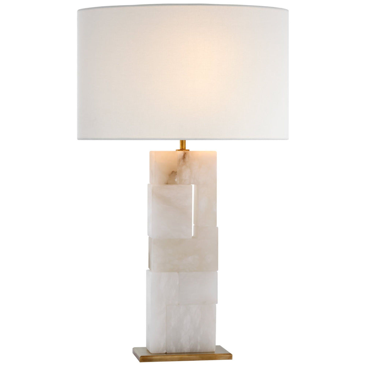 Ian K. Fowler Ashlar Large Table Lamp in Alabaster and Hand-Rubbed Antique Brass with Linen Shade W17" x H28"