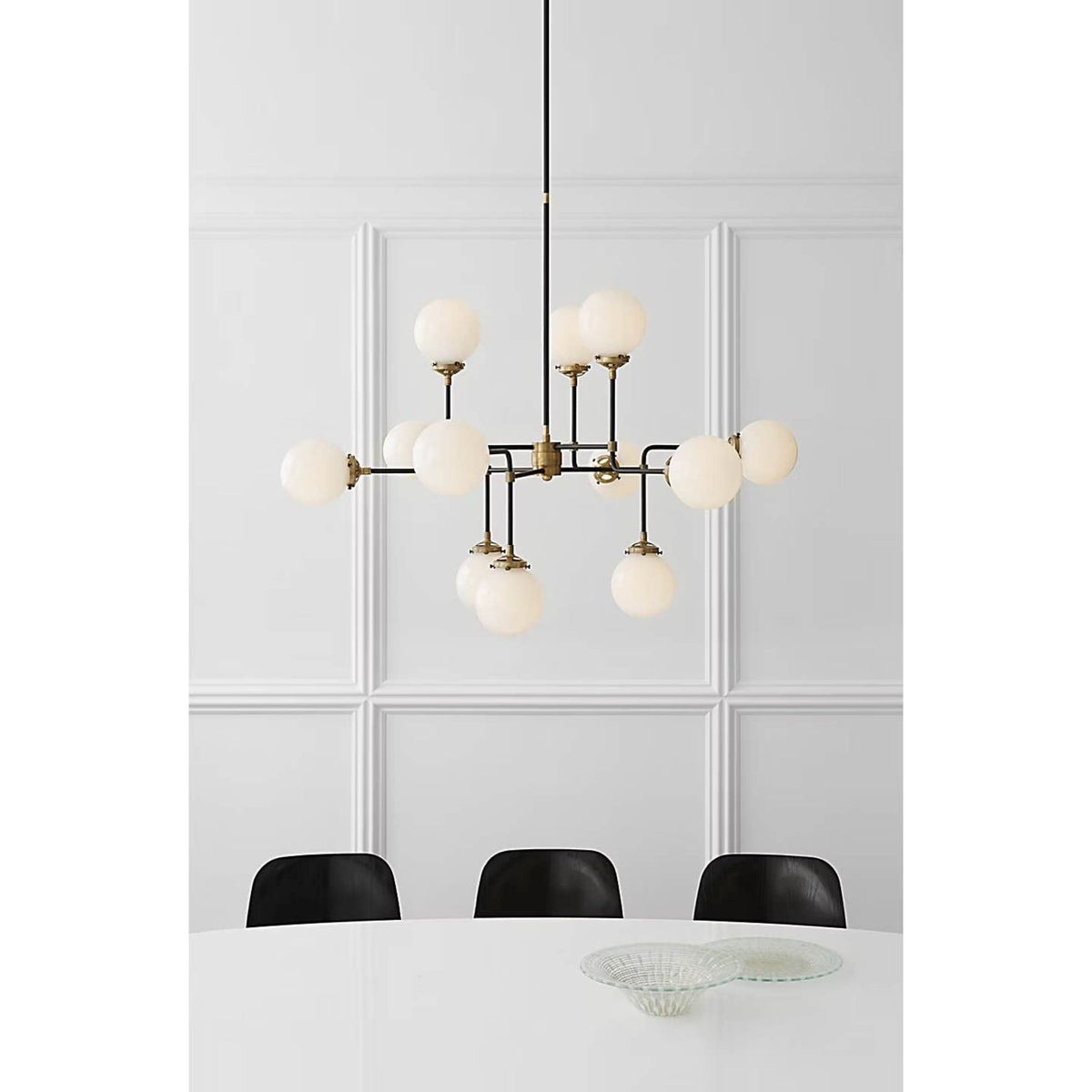Ian K. Fowler Bistro Medium Chandelier in Hand-Rubbed Antique Brass with White Glass W47"