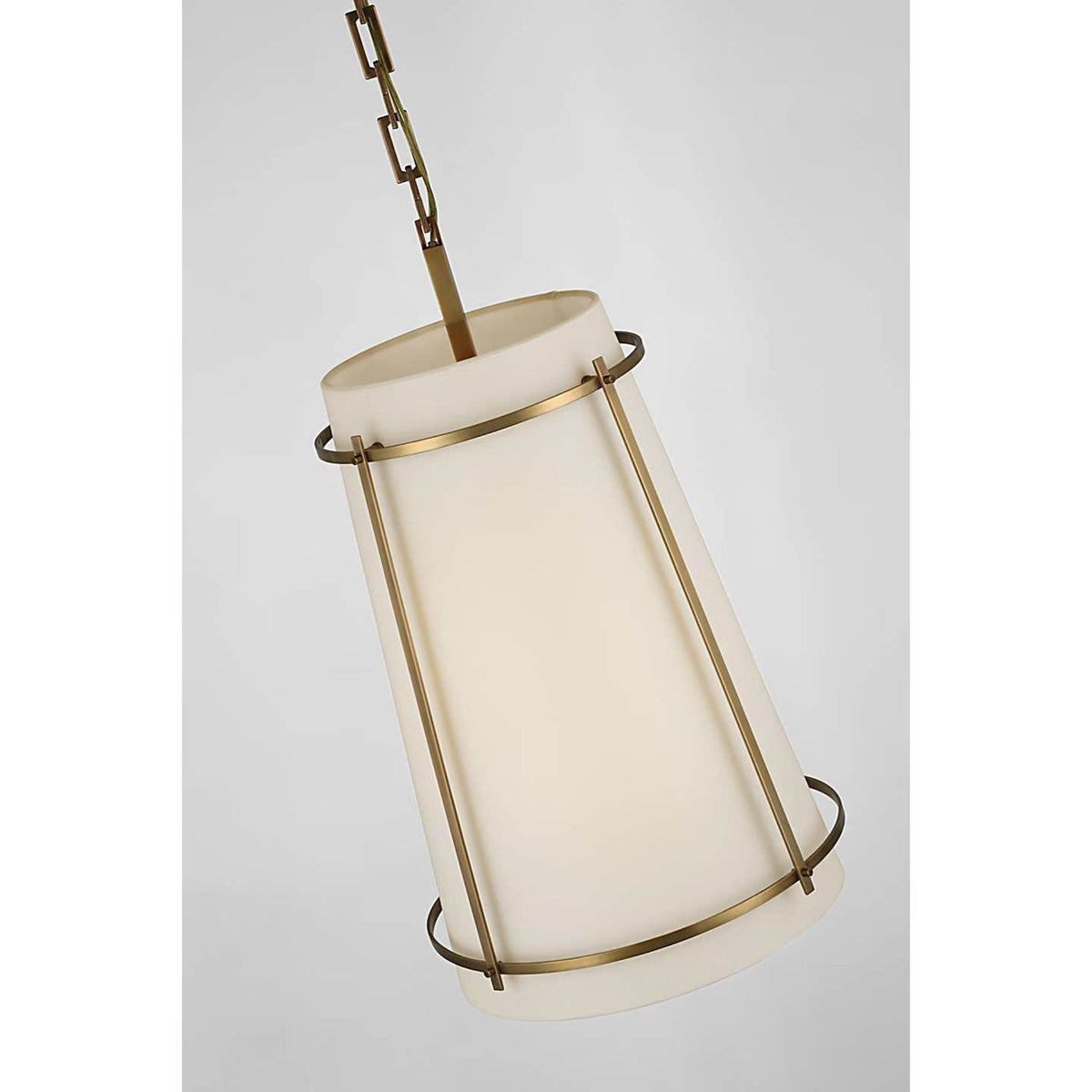 Carrier and Company Callaway Medium Hanging Shade in Hand-Rubbed Antique Brass with Linen Shade and Frosted Acrylic Diffuser W14.5" x H23.5"