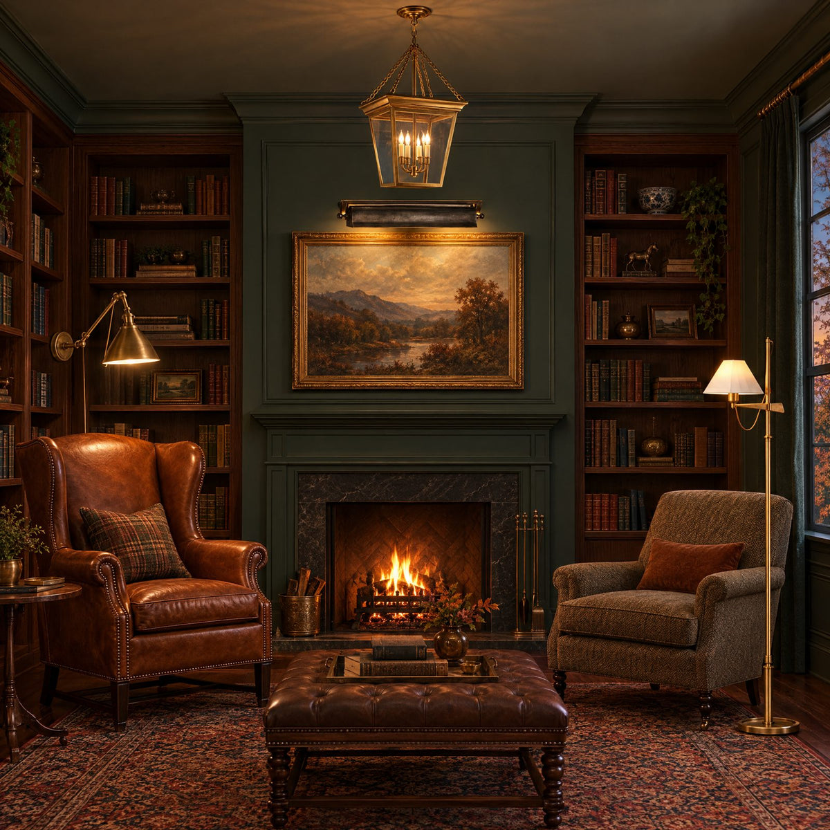 Shop the look: Moody fall home library with green walls, walnut bookshelves, a brass lantern, a brass double-arm library wall light over a leather wing chair, a bronze picture light above the mantel and a brass bridge-arm floor lamp