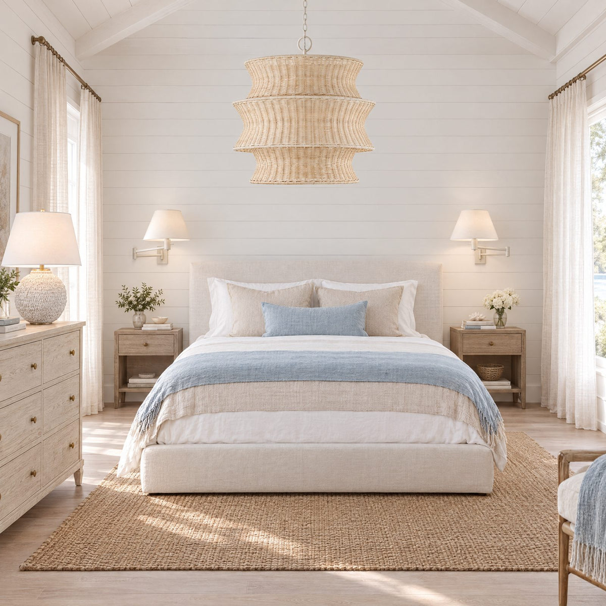 Shop the look: Luxury coastal bedroom with a Currey Phebe rattan chandelier over a linen bed, white Visual Comfort swing-arm wall lamps and a Marie Flanigan Avedon plaster white rattan table lamp