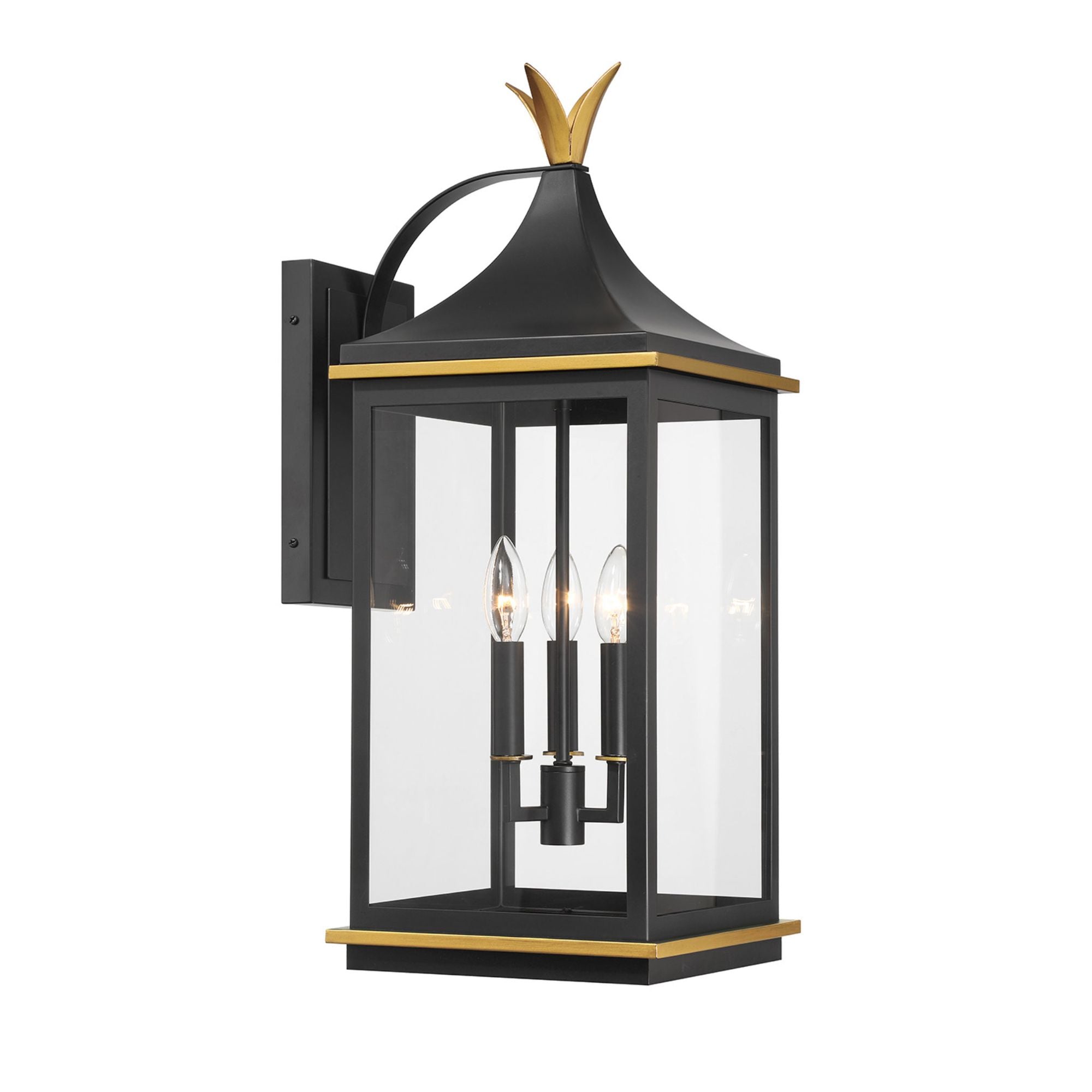 Simpson 3 Light Matte Black + Textured Gold Outdoor Sconce Clear Glass 10"W x 25"H x 12.5"D
