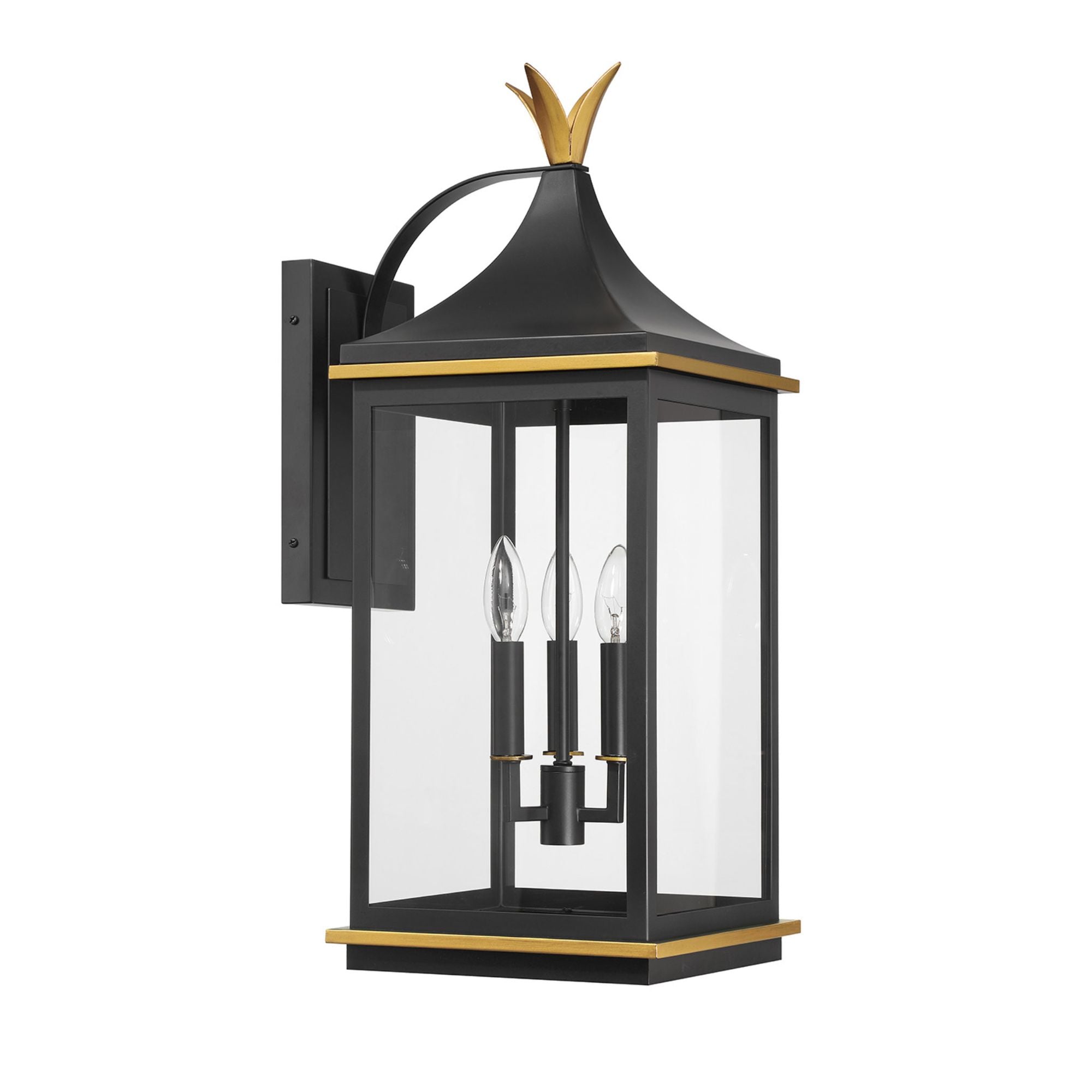 Simpson 3 Light Matte Black + Textured Gold Outdoor Sconce Clear Glass 10"W x 25"H x 12.5"D
