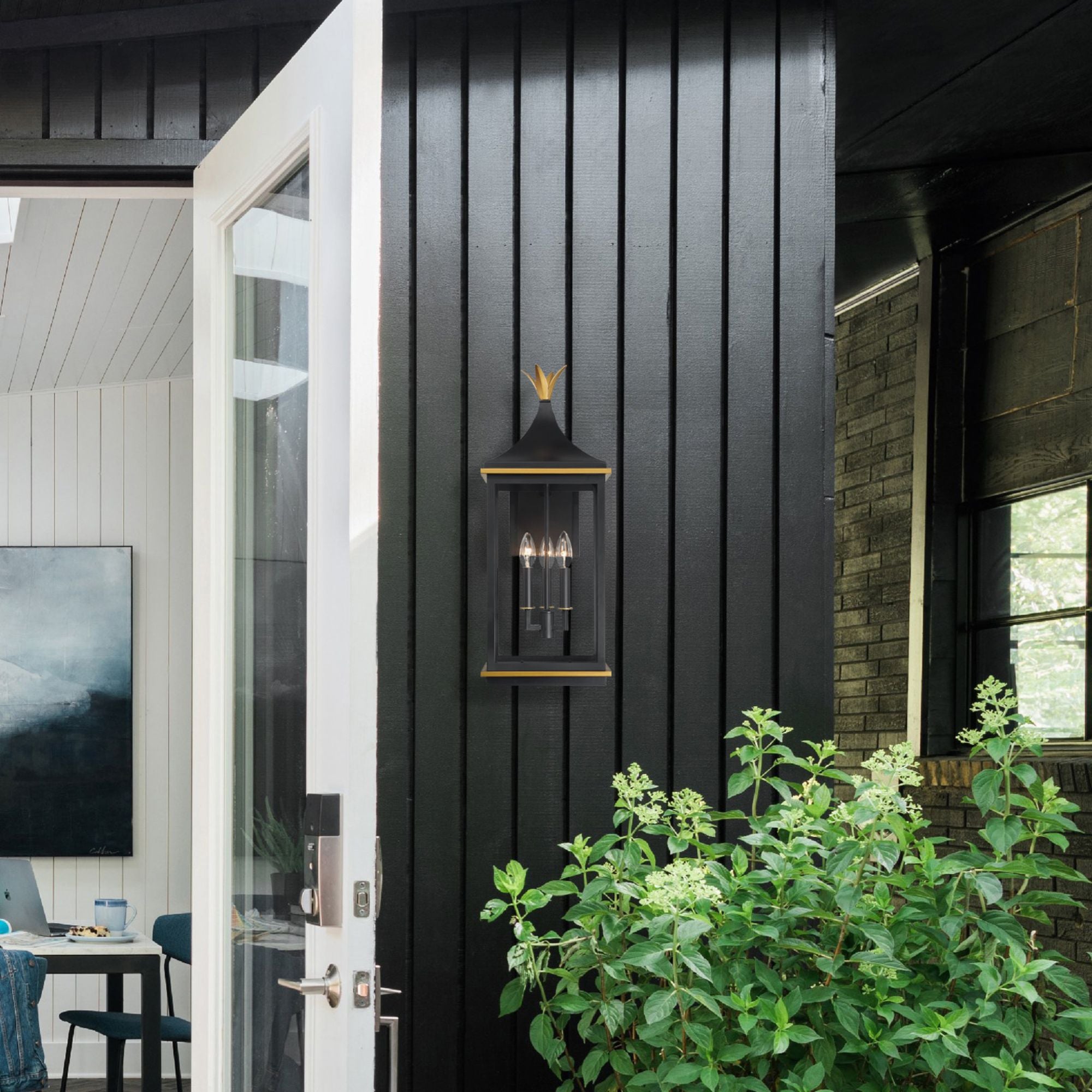 Simpson 3 Light Matte Black + Textured Gold Outdoor Sconce Clear Glass 10"W x 25"H x 12.5"D