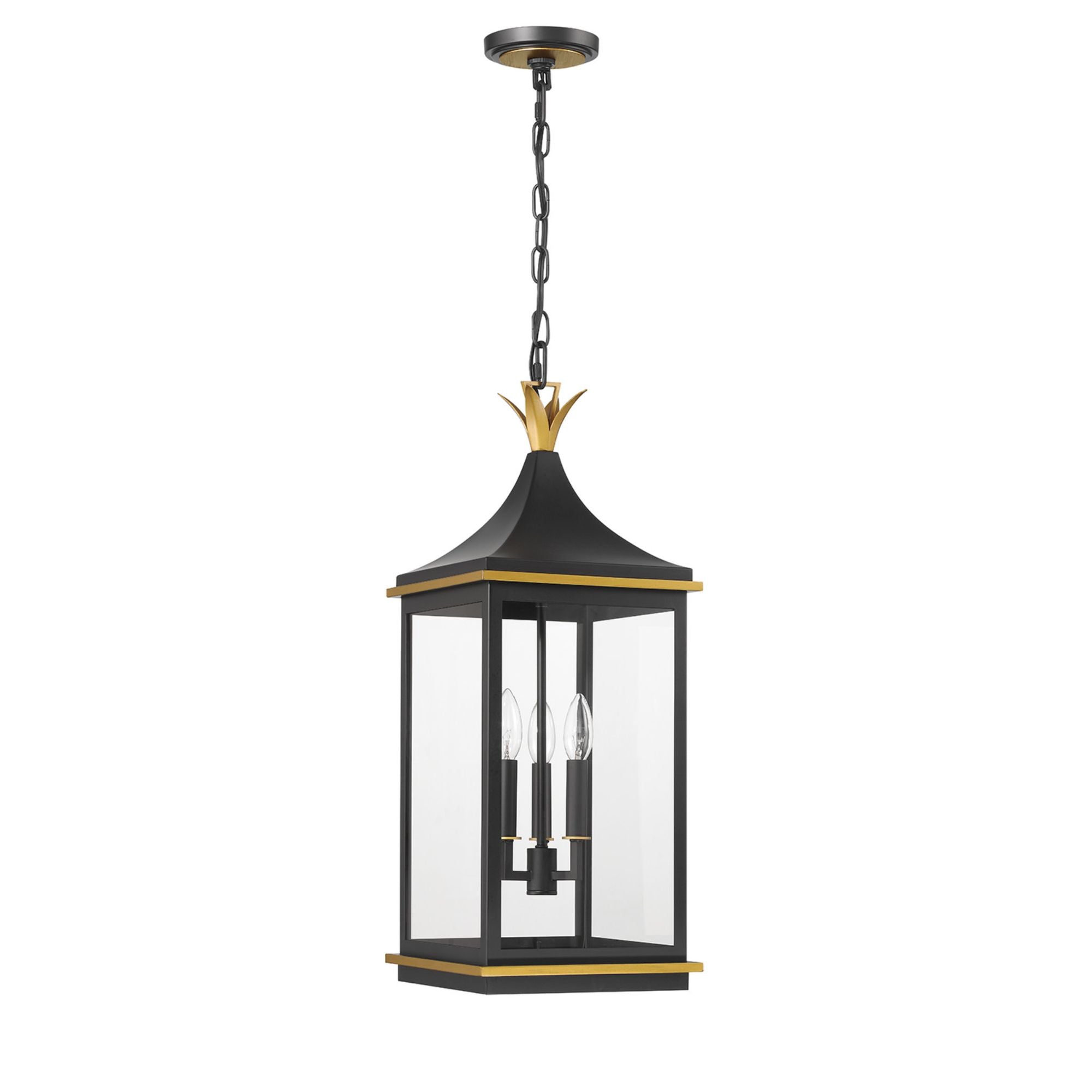Simpson 3 Light Matte Black + Textured Gold Outdoor Pendant Clear Glass 10"W x 25"H x 10"D
