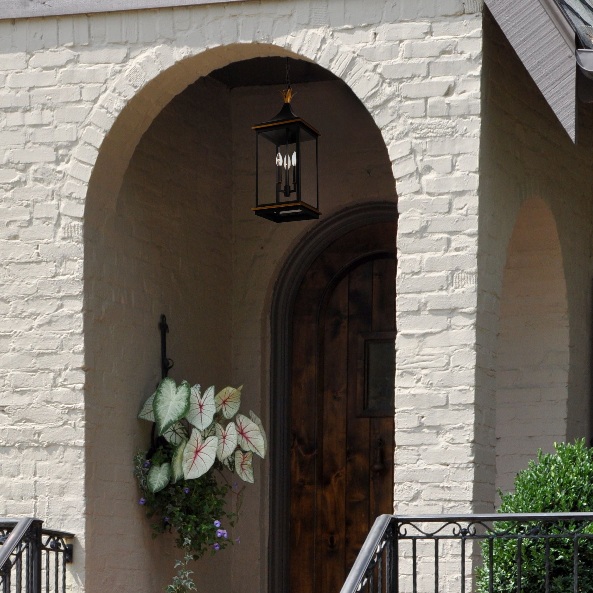 Simpson 3 Light Matte Black + Textured Gold Outdoor Pendant Clear Glass 10"W x 25"H x 10"D