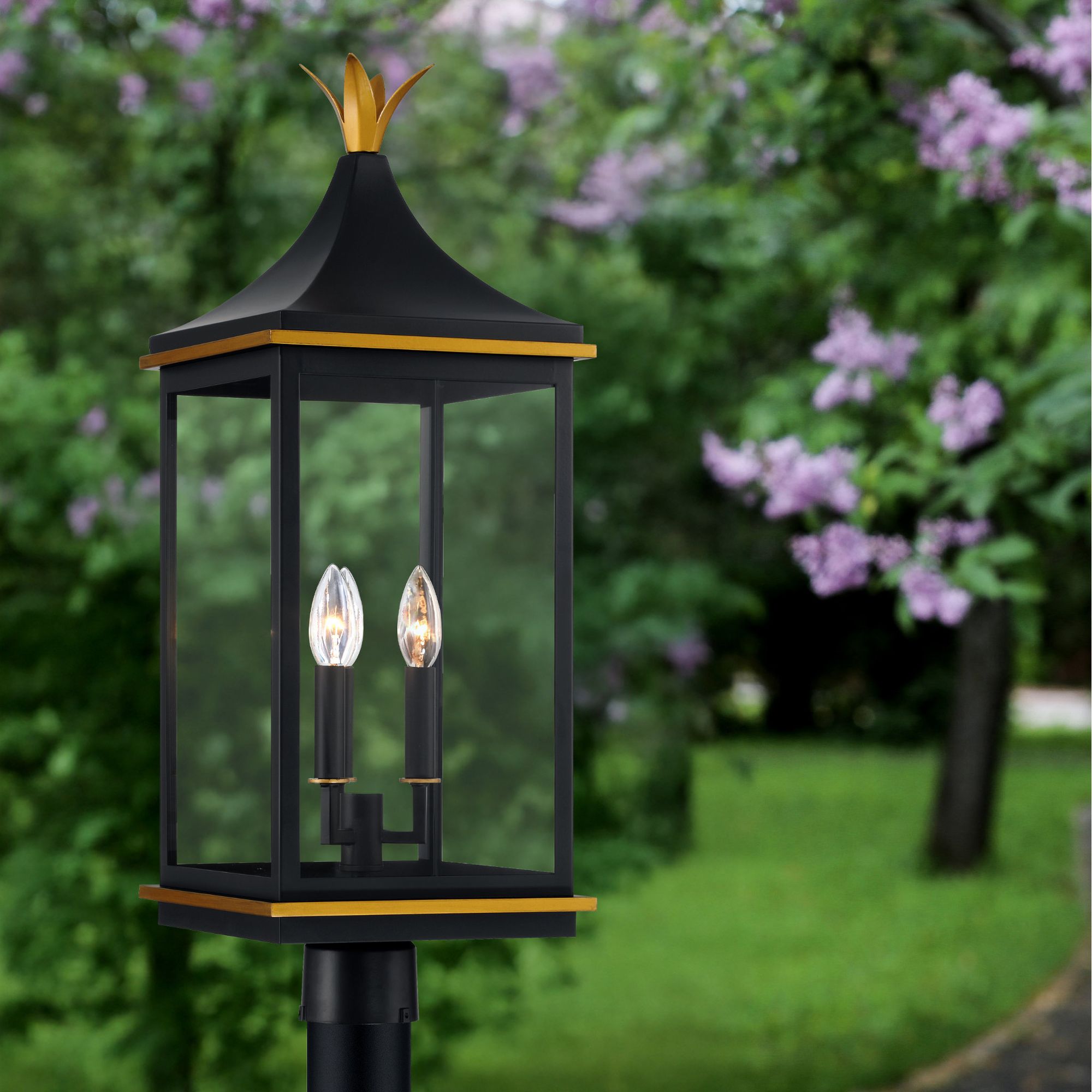 Simpson 3 Light Matte Black + Textured Gold Outdoor Post Clear Glass 10"W x 27.75"H x 10"D