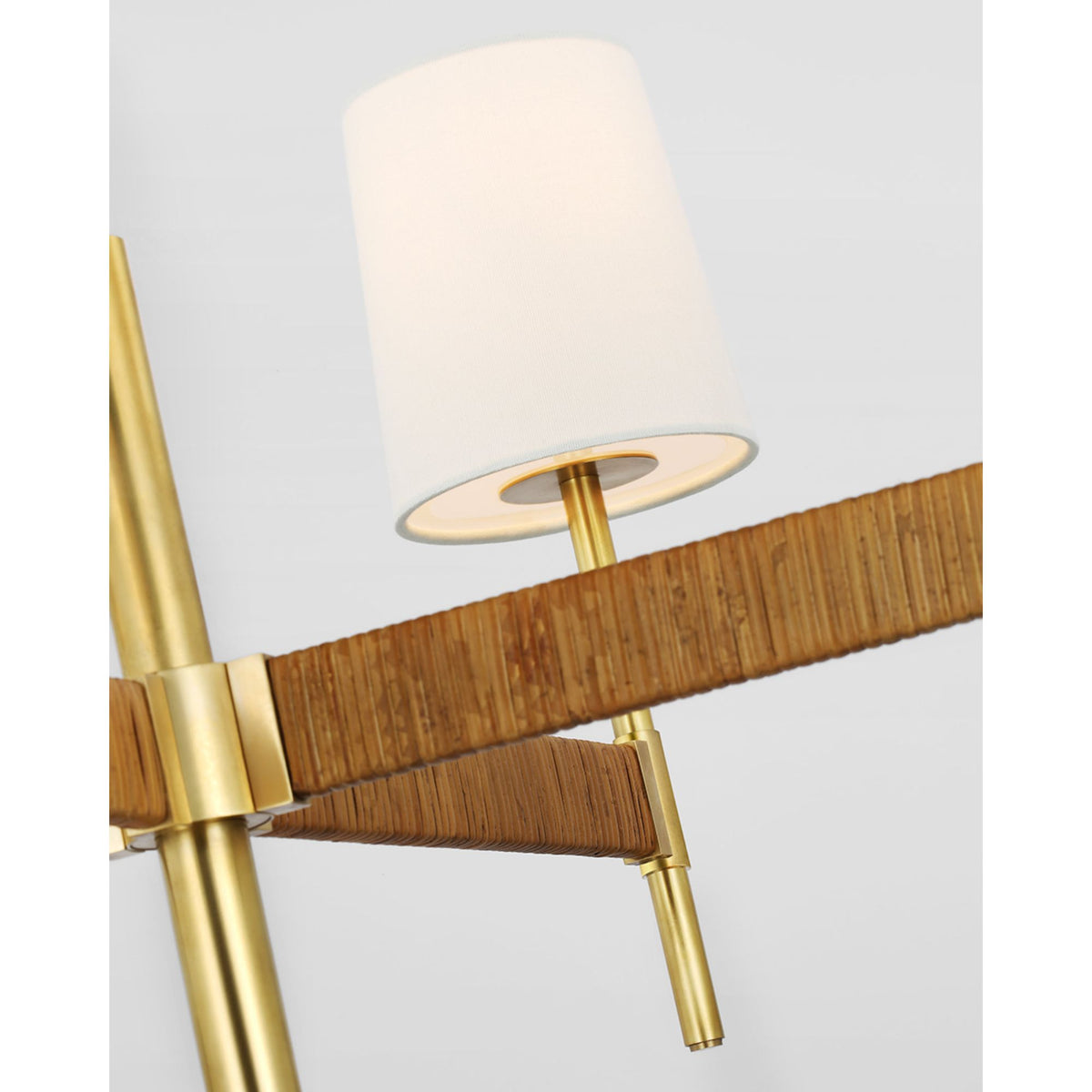 Suzanne Kasler Elle Large Chandelier in Hand-Rubbed Antique Brass and Dark Rattan with Linen Shades W36" x H20.75"