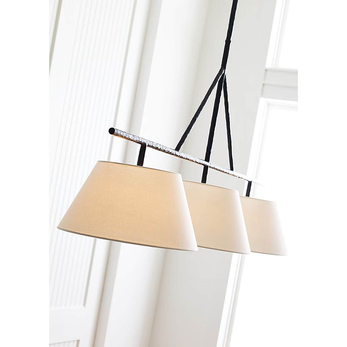 Suzanne Kasler Collette Large Linear Pendant in Aged Iron with Linen Shade W16" x 57.5"