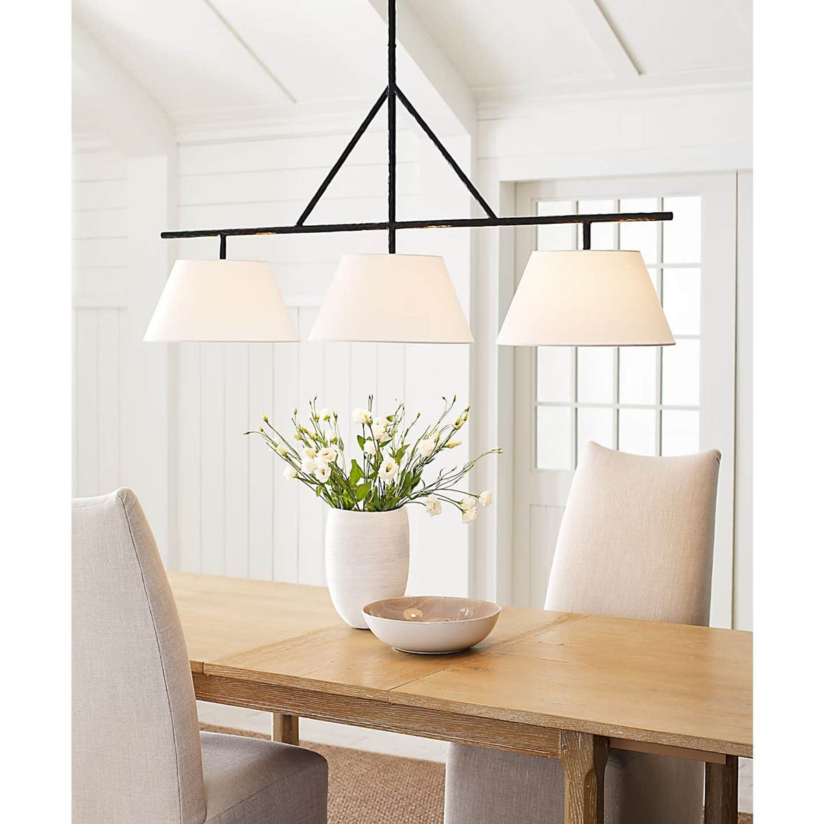 Suzanne Kasler Collette Large Linear Pendant in Aged Iron with Linen Shade W16" x 57.5"