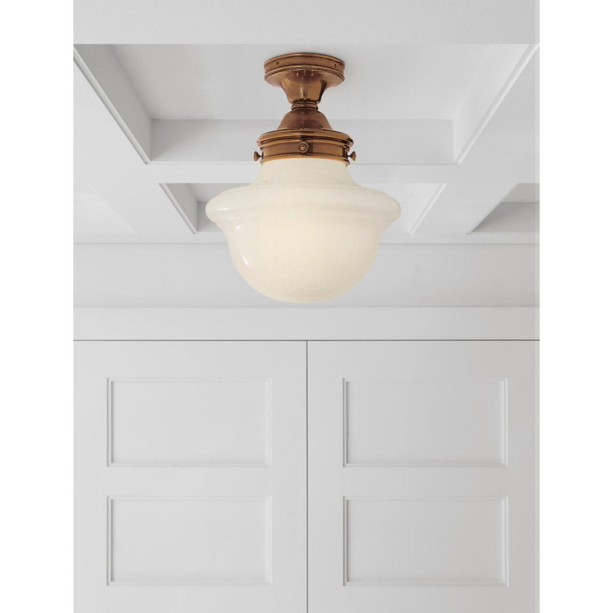 Chapman & Myers Edmond Flush Mount in Hand-Rubbed Antique Brass with White School House Glass W14.25" x H17.25"
