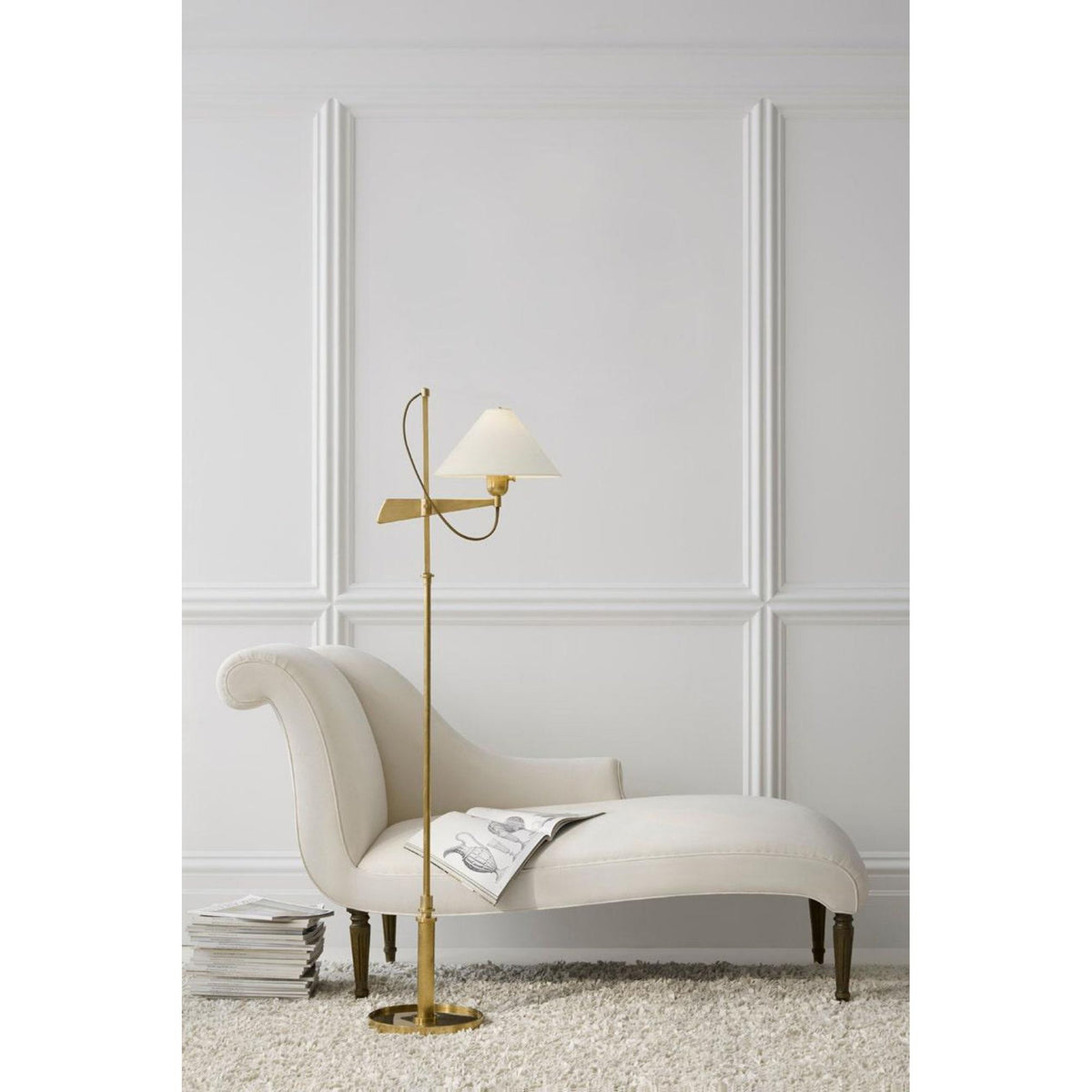 J. Randall Powers Hargett Bridge Arm Floor Lamp in Hand-Rubbed Antique Brass with Linen Shade H56.5" - 63.75" x E17.5"