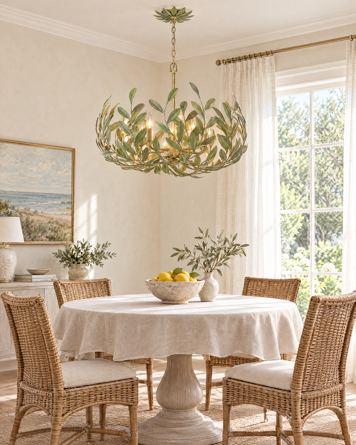 Crystorama Broche chandelier in Champagne Green Tea with olive-leaf detail over a round breakfast table