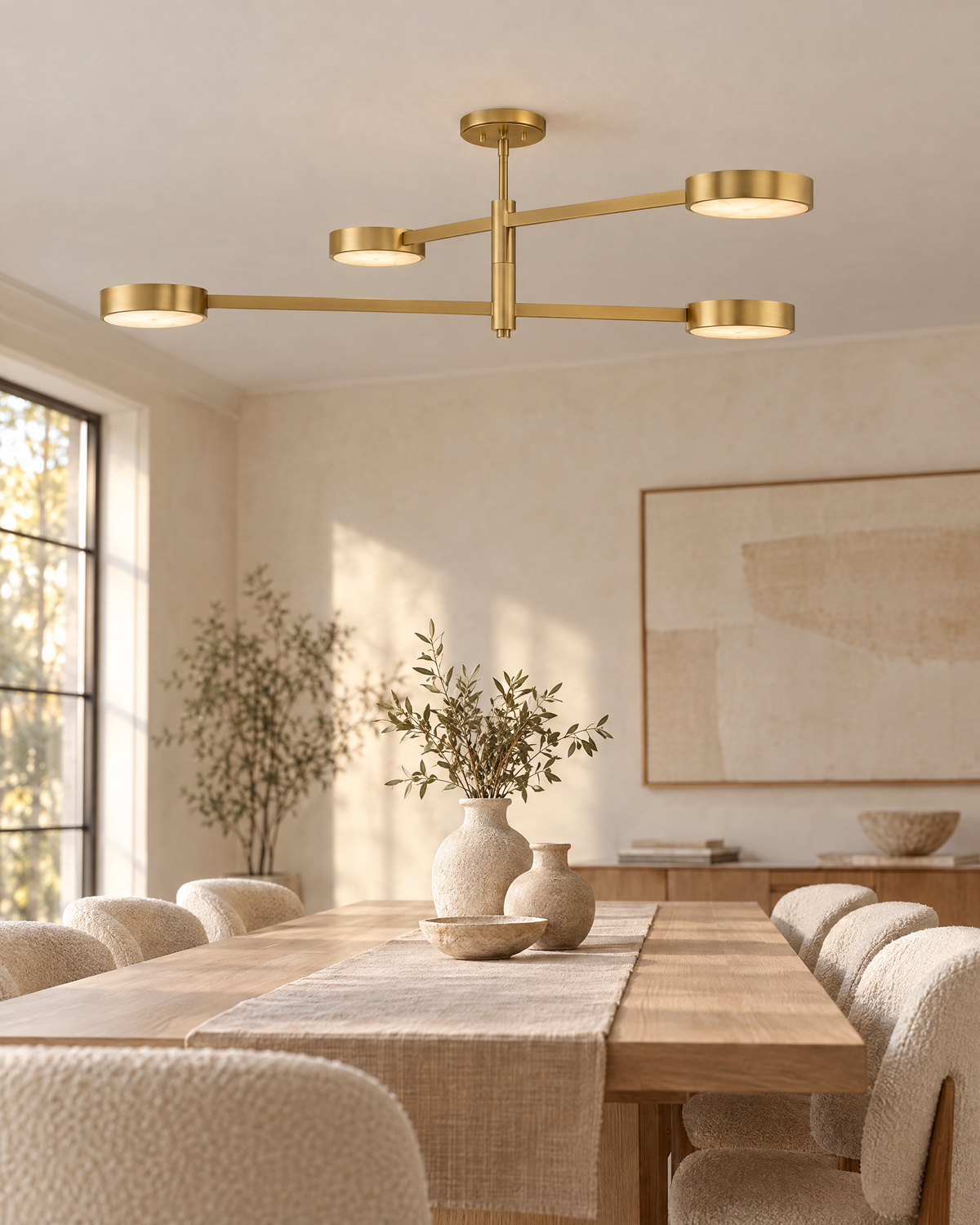 Crystorama Orson brass semi-flush mount with alabaster diffusers over a modern oak dining table