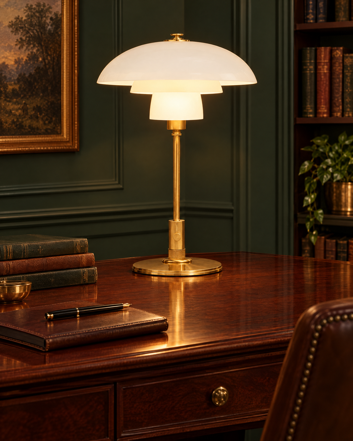 Whitman desk lamp in antique brass, styled in a room