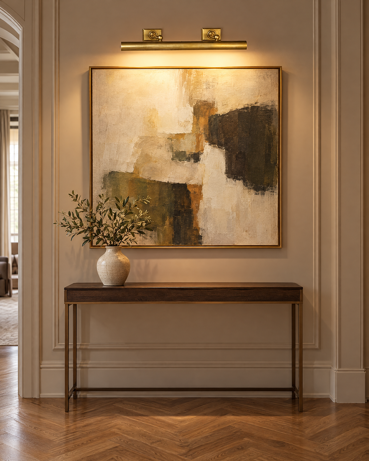 Cabinet Maker's picture light in antique brass, styled in a room