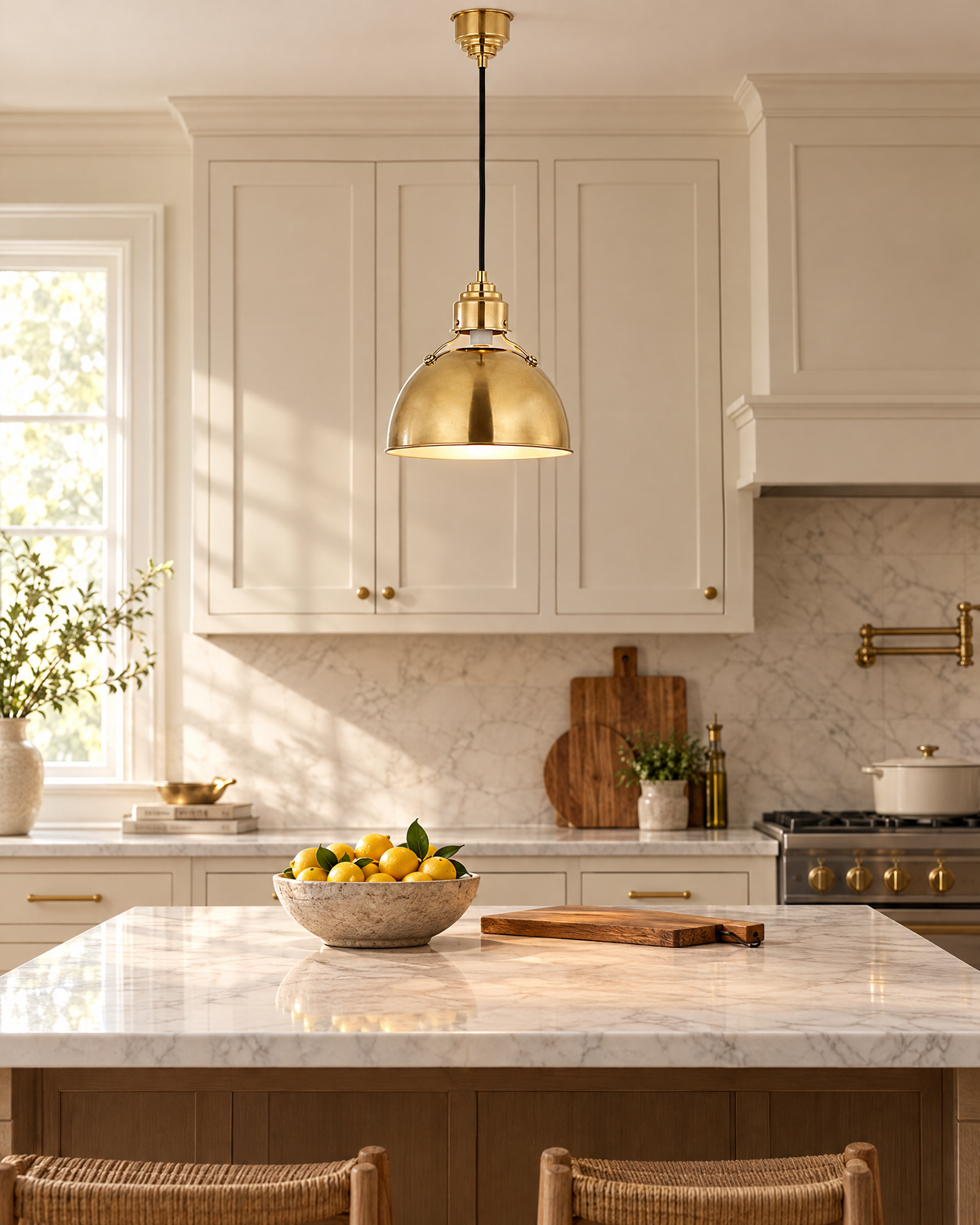 Eugene pendant in antique brass over a kitchen island, styled in a room