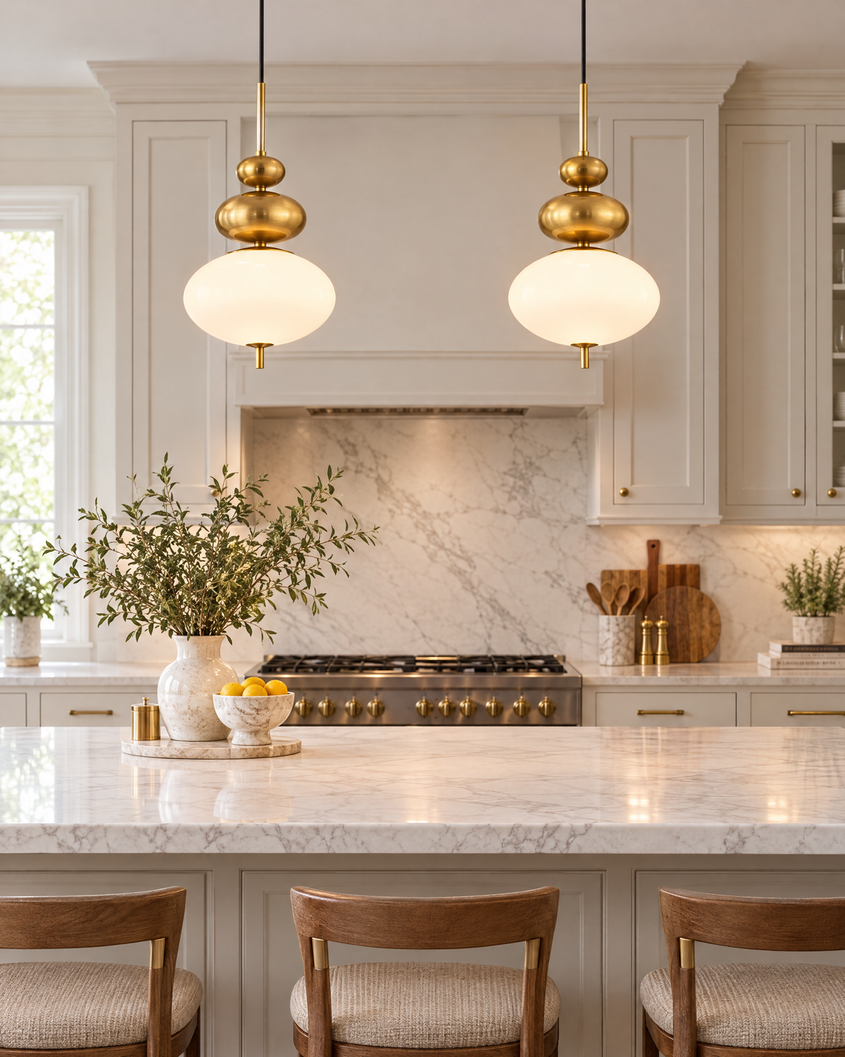 Elsie pendants in aged brass, styled in a room