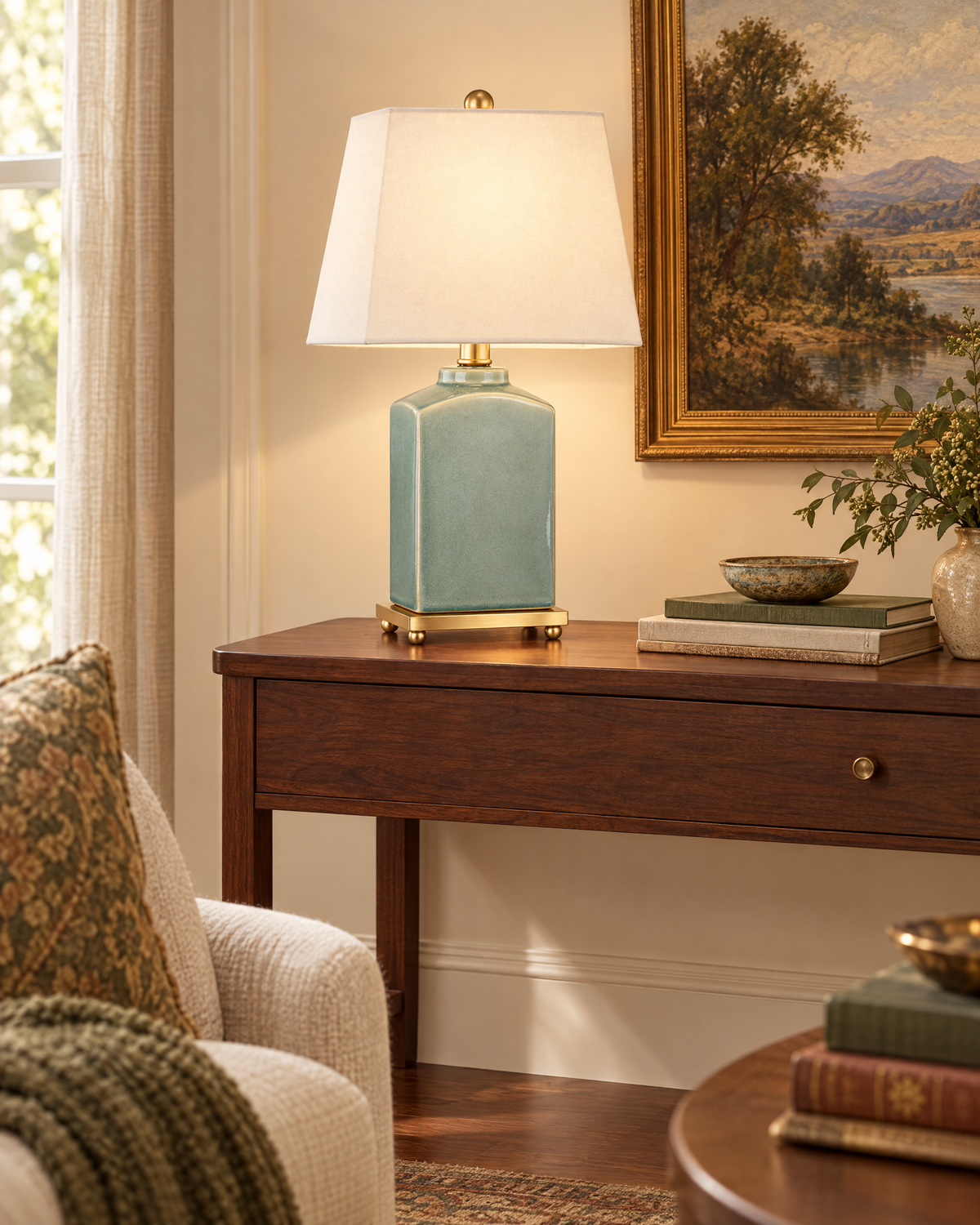 Brynn table lamp in jade, styled in a room
