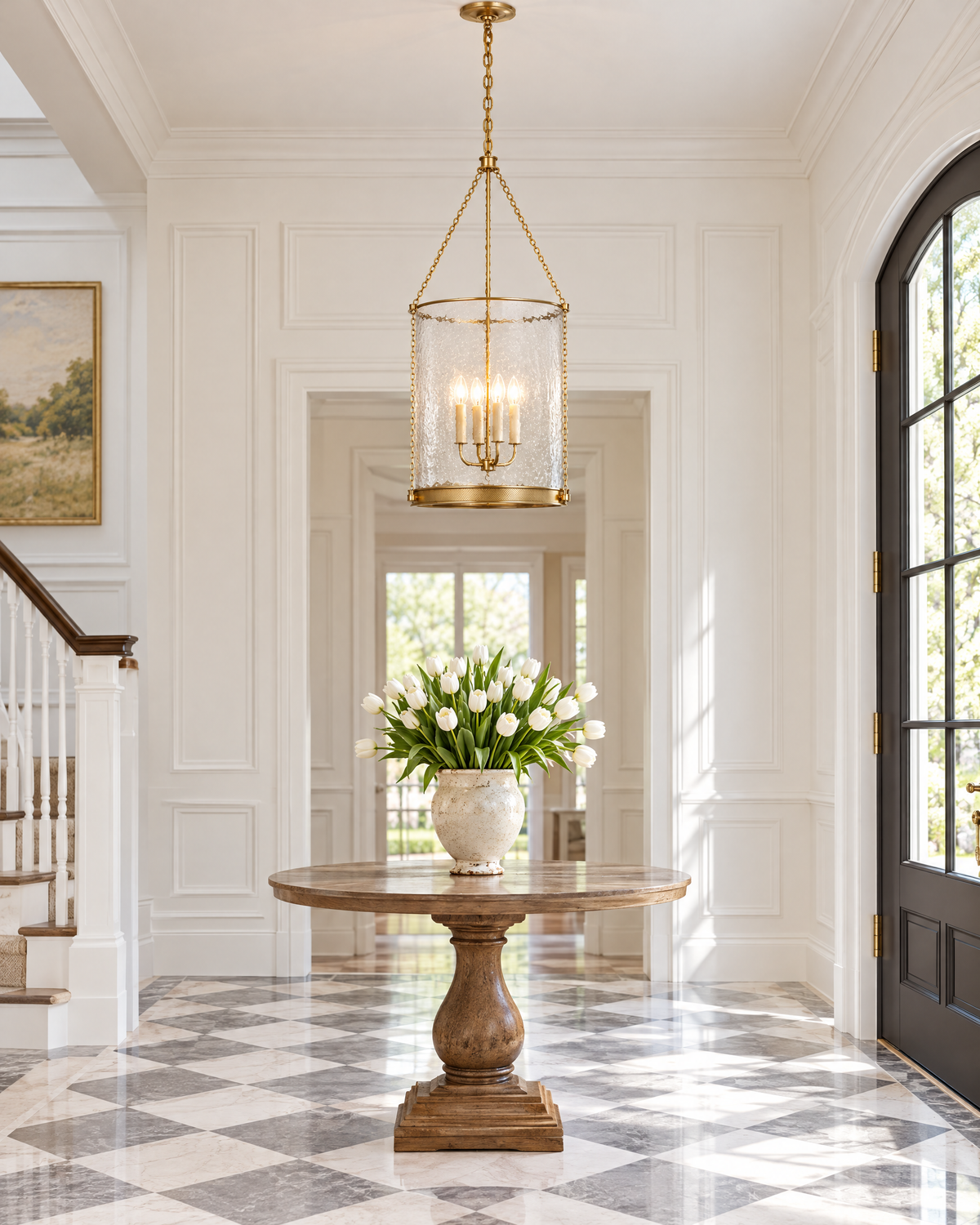 Marie Flanigan Reese lantern in soft brass in an entry hall