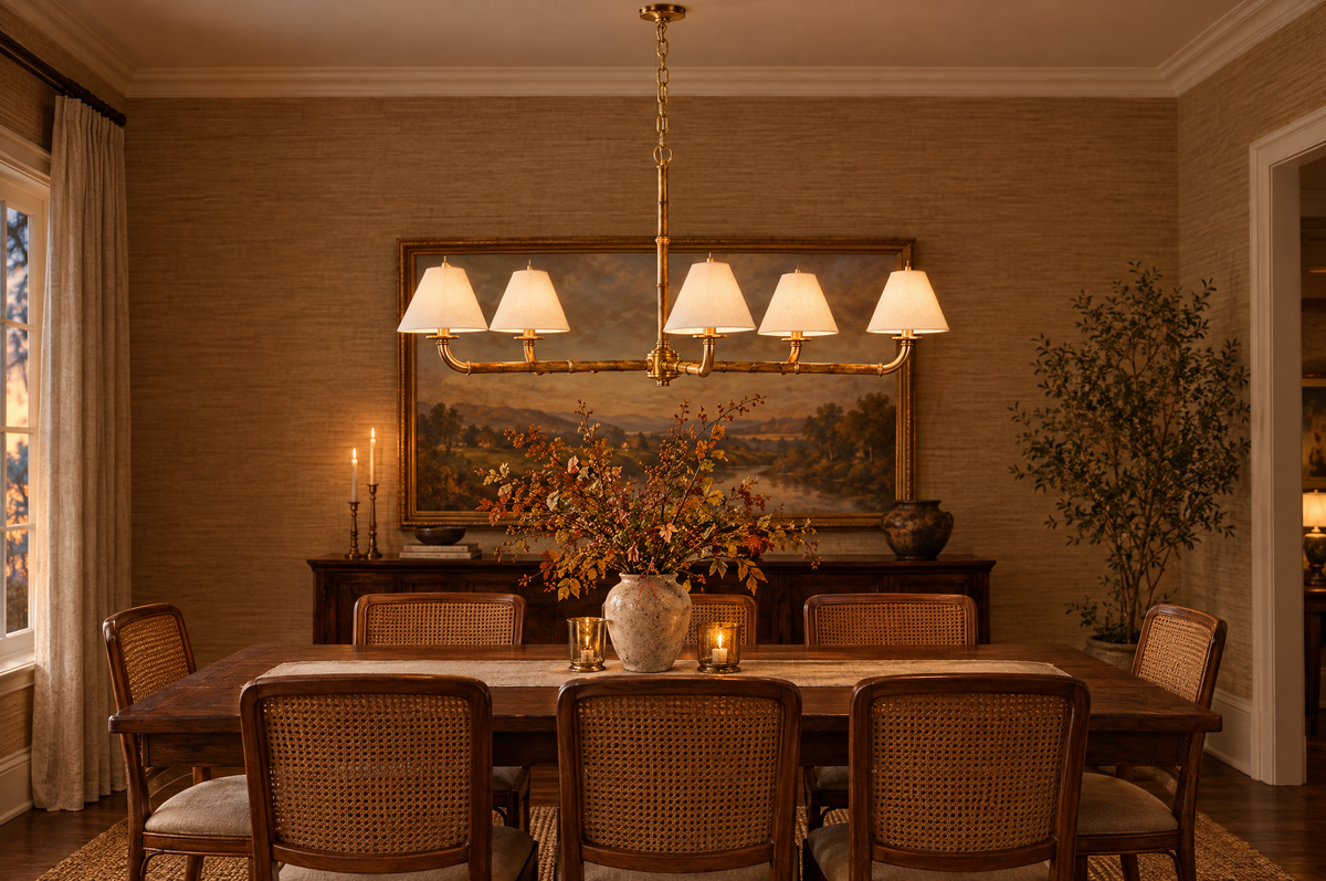 Dining room with the Ralph Lauren Dalfern chandelier in waxed bamboo and natural brass