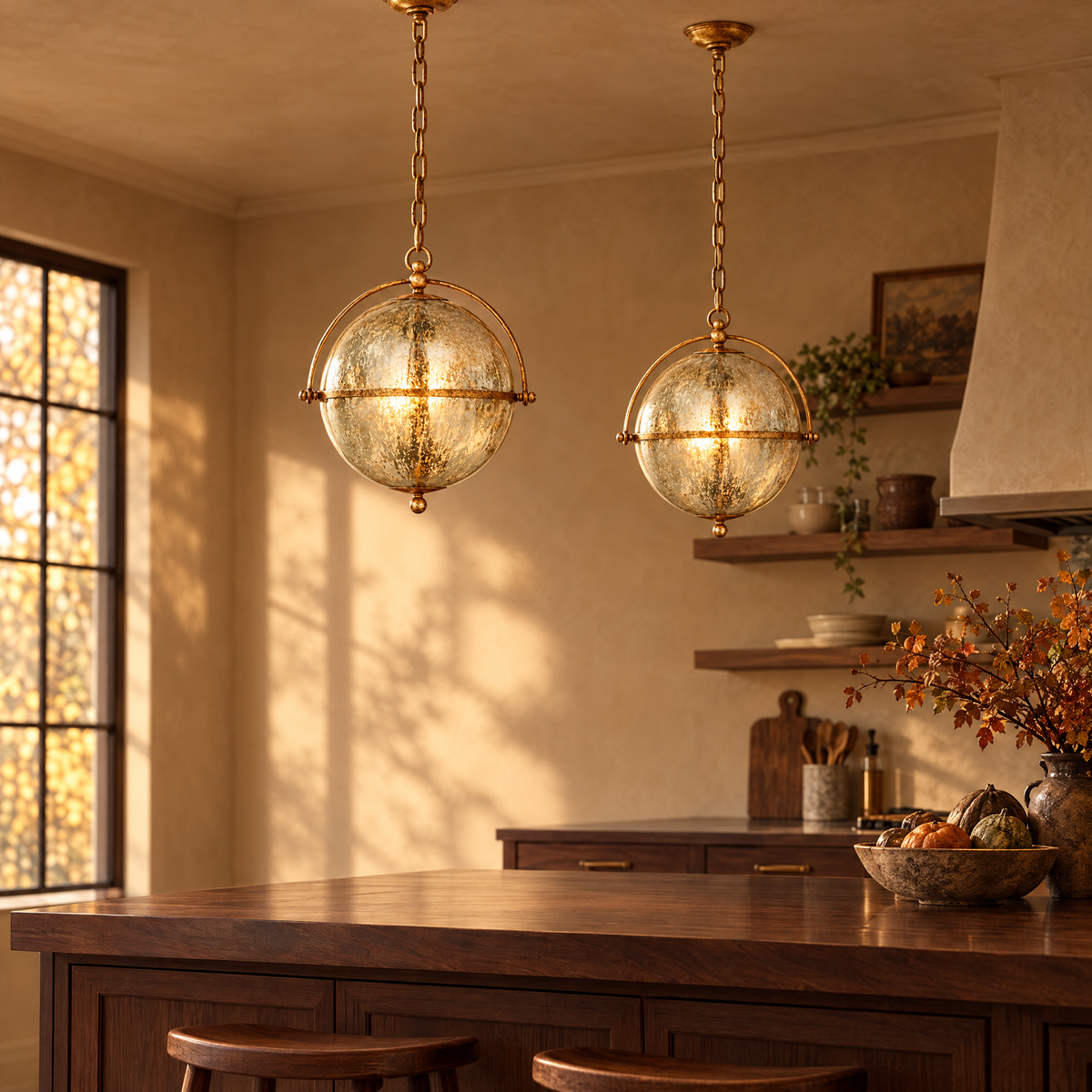 Kitchen with Chapman & Myers Bayridge mercury glass pendants