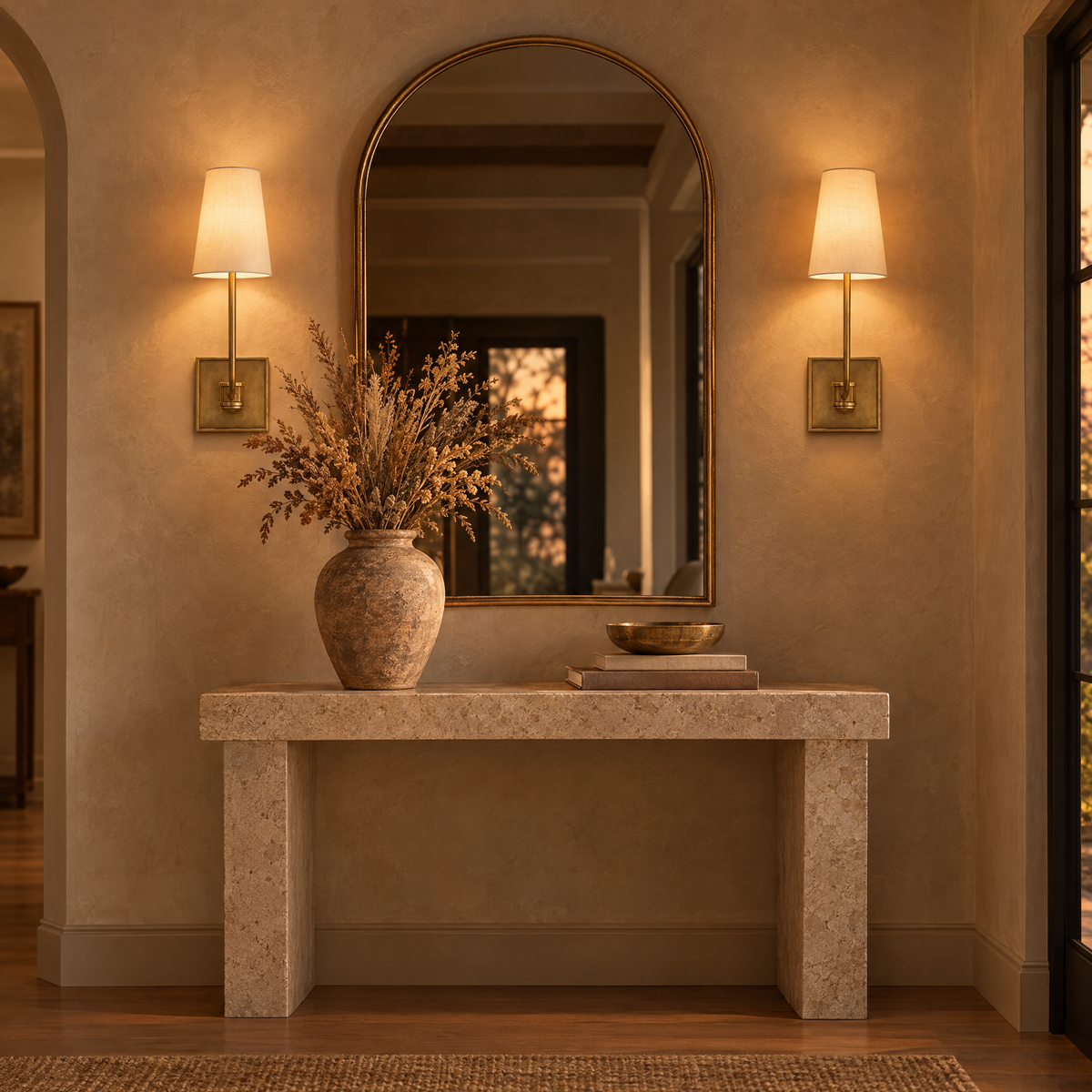 Hallway console flanked by Chapman & Myers Venini sconces
