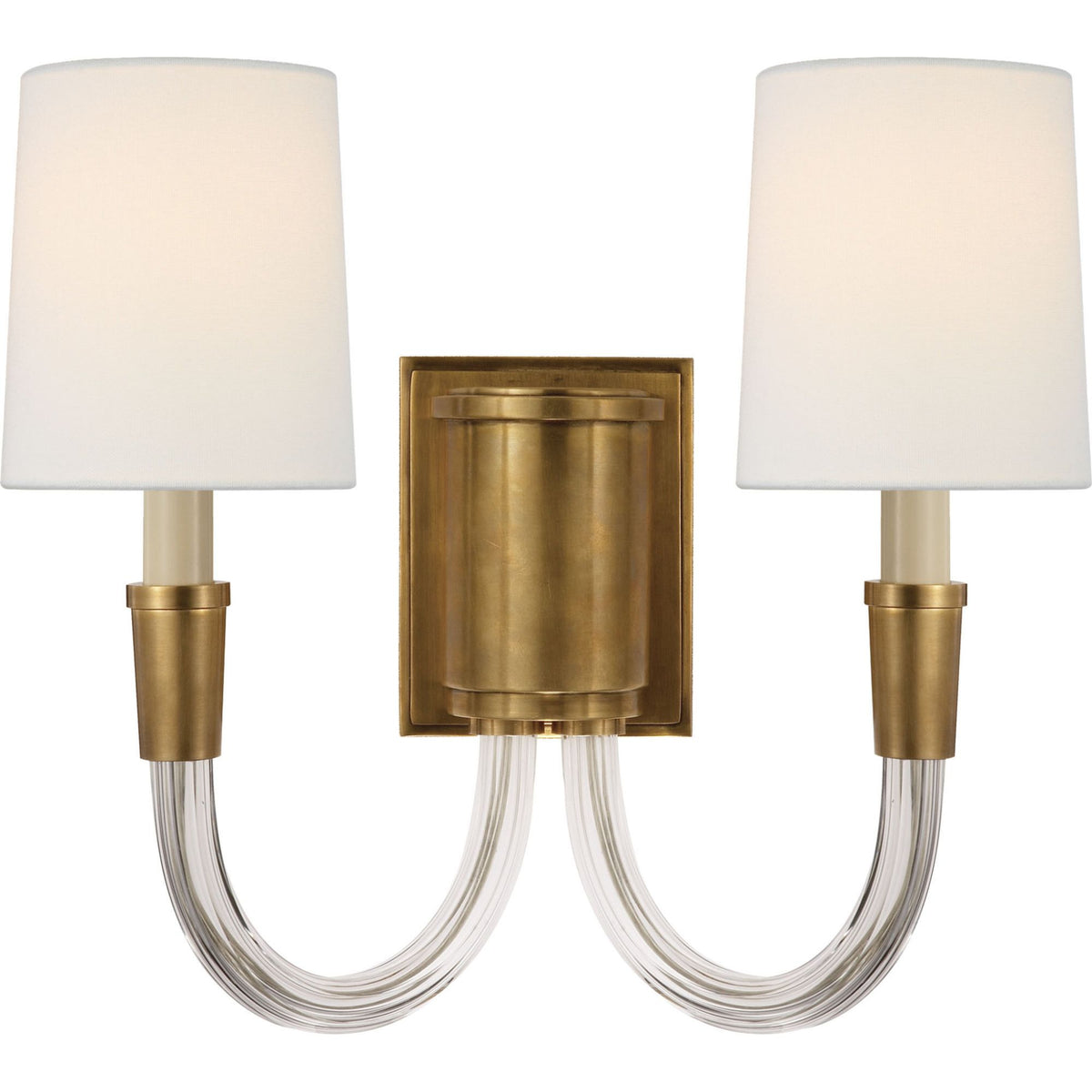 Thomas O'Brien Vivian Double Sconce in Hand-Rubbed Antique Brass with Linen Shades W13.5" x H12.5" x E7.75"