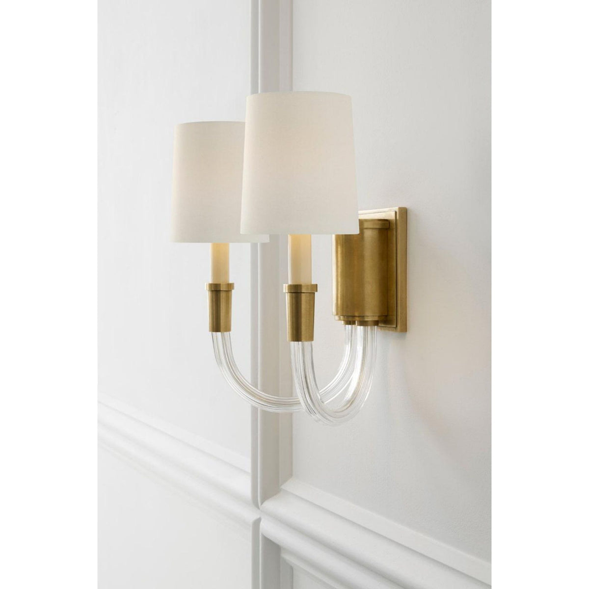 Thomas O'Brien Vivian Double Sconce in Hand-Rubbed Antique Brass with Linen Shades W13.5" x H12.5" x E7.75"