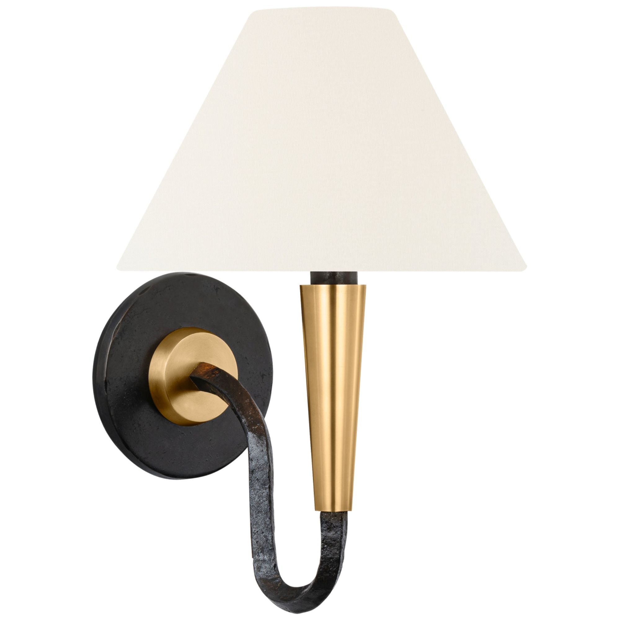 Thomas O'Brien Cavalli 13" J-Arm Sconce in Aged Iron and Hand-Rubbed Antique Brass with Linen Shade Wall Light W8.5" x H12.75"