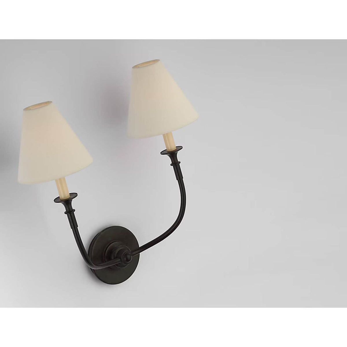 Thomas O'Brien Piaf Double Sconce in Aged Iron with Linen Shades W18.5" x H18.75" x E9.25"