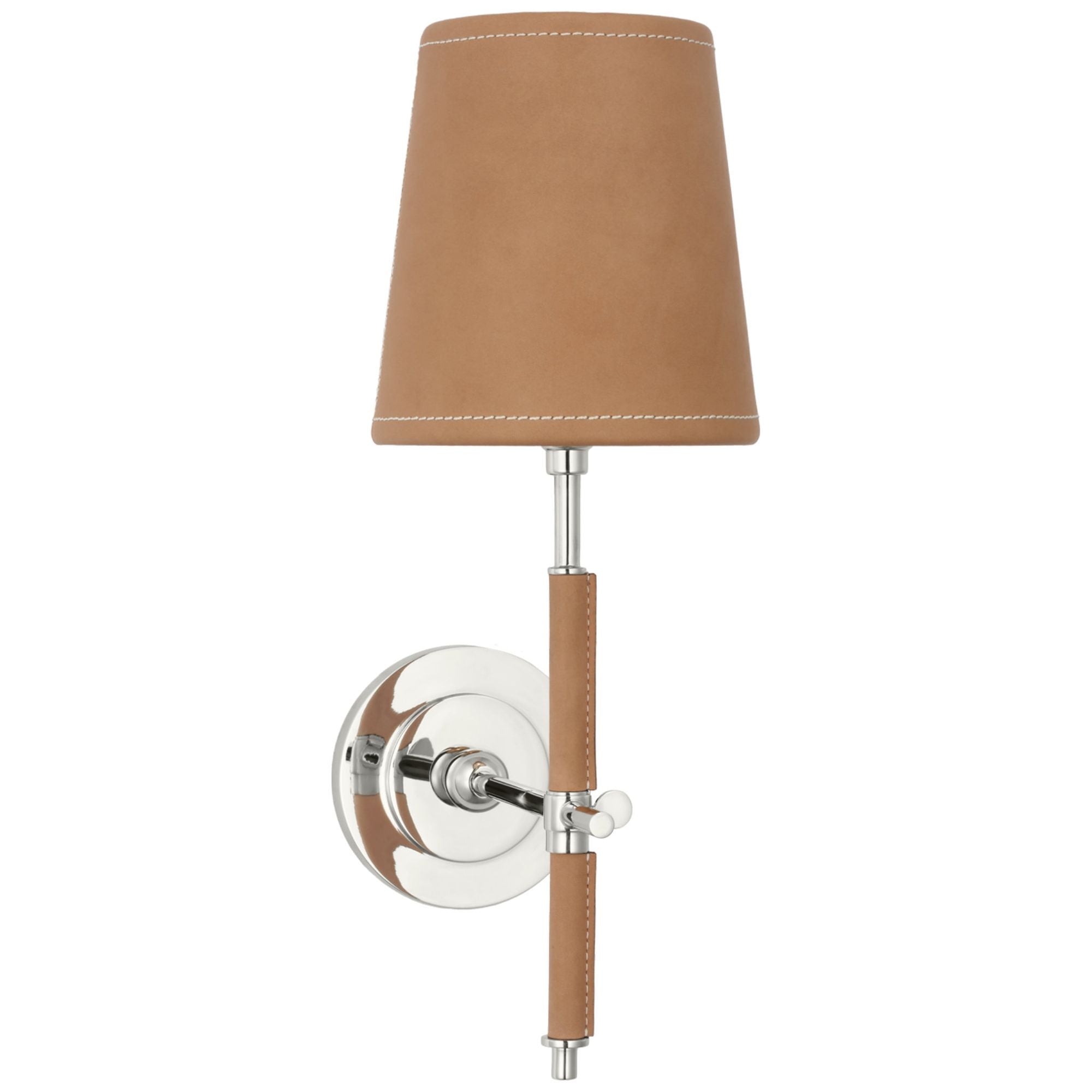 Thomas O'Brien Bryant Wrapped Sconce in Polished Nickel and Natural Leather with Natural Leather Shade Wall Light W5.5" x H14.5"