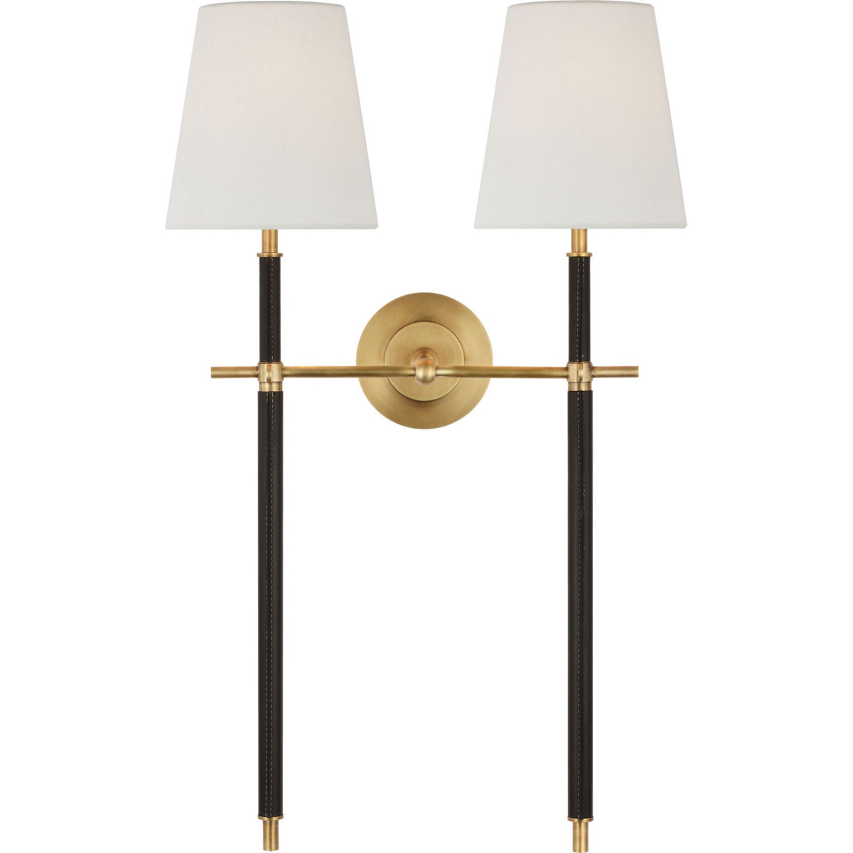 Thomas O'Brien Bryant Large Wrapped Double Tail Sconce in Hand-Rubbed Antique Brass and Chocolate Leather with Linen Shades W16" x H26" x E9.25"