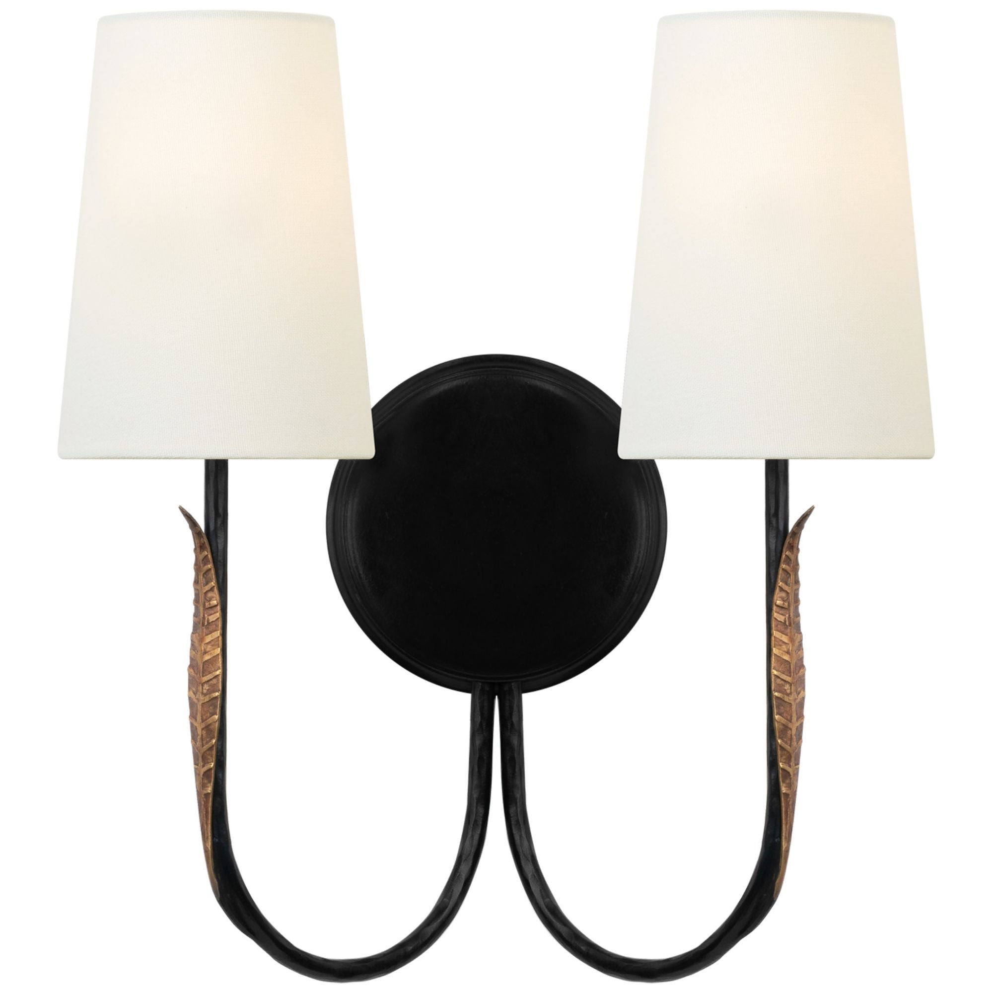 Thomas O'Brien Kairos 14" Double Sconce in Aged Iron and Roman Bronze with Linen Shades Wall Light W12.75" x H14.25"