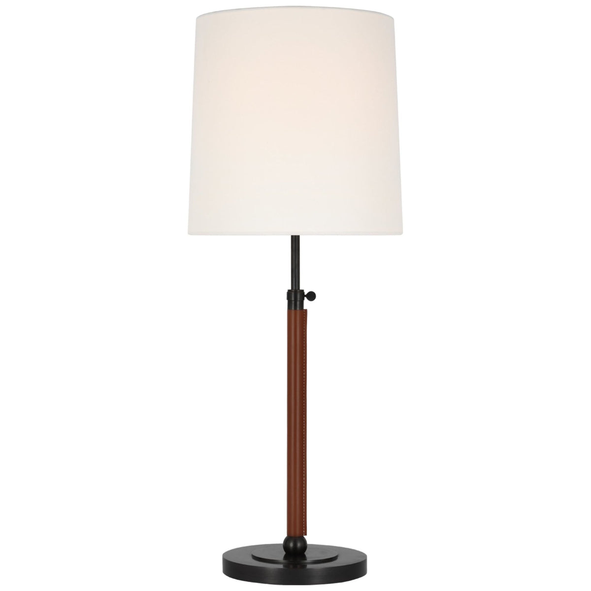 Thomas O'Brien Bryant Large Wrapped Table Lamp in Bronze and Saddle Leather with Linen Shade W12" x H28" - 32"