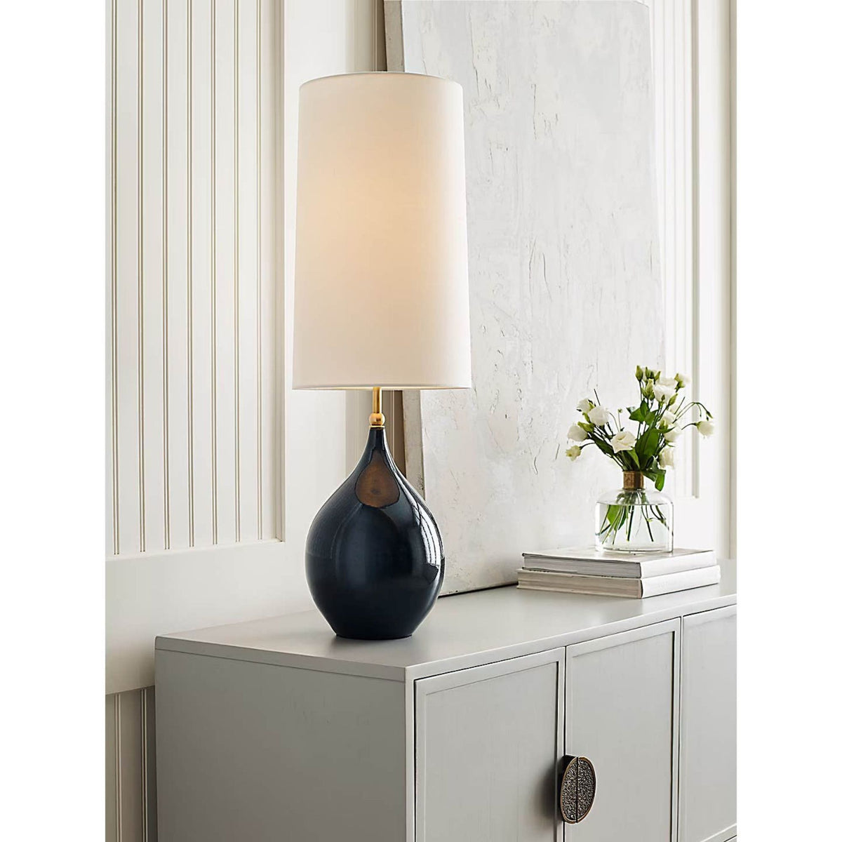Thomas O'Brien Loren Large Table Lamp in Mixed Blue Brown with Linen Shade W10.25" x H31.25"