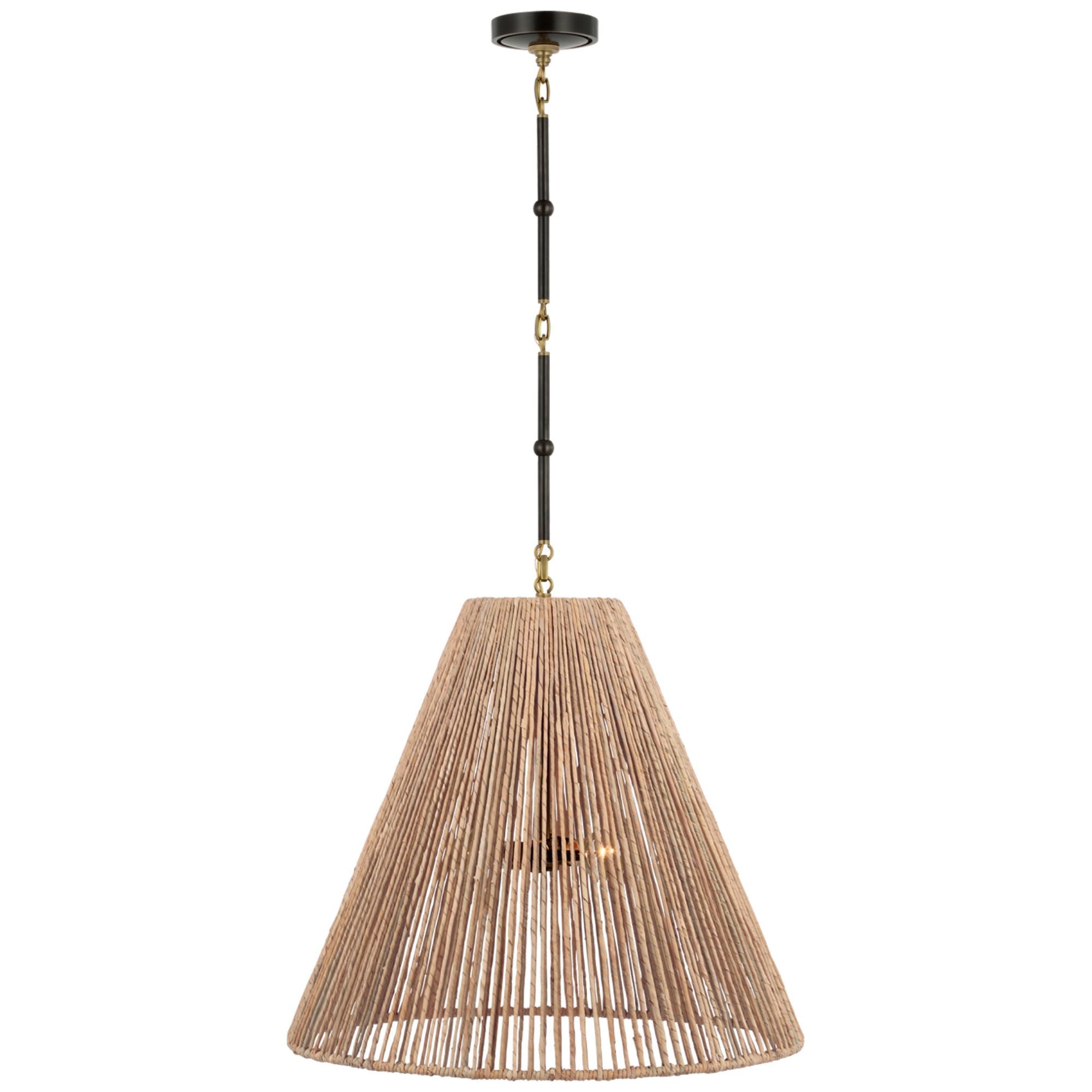 Thomas O'Brien Goodman Large Hanging Lamp in Bronze and Hand-Rubbed Antique Brass with Natural Abaca Shade Ceiling Light W24"