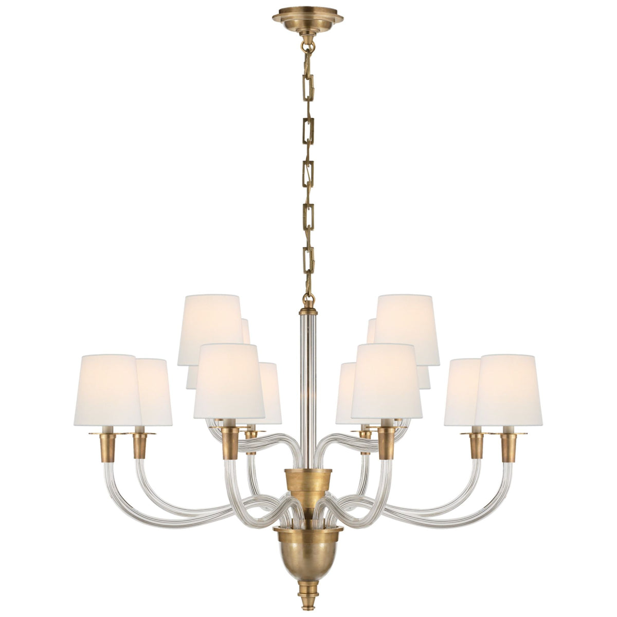 Thomas O'Brien Vivian Large Two-Tier Chandelier in Hand-Rubbed Antique Brass with Linen Shades W35.75" x H25"