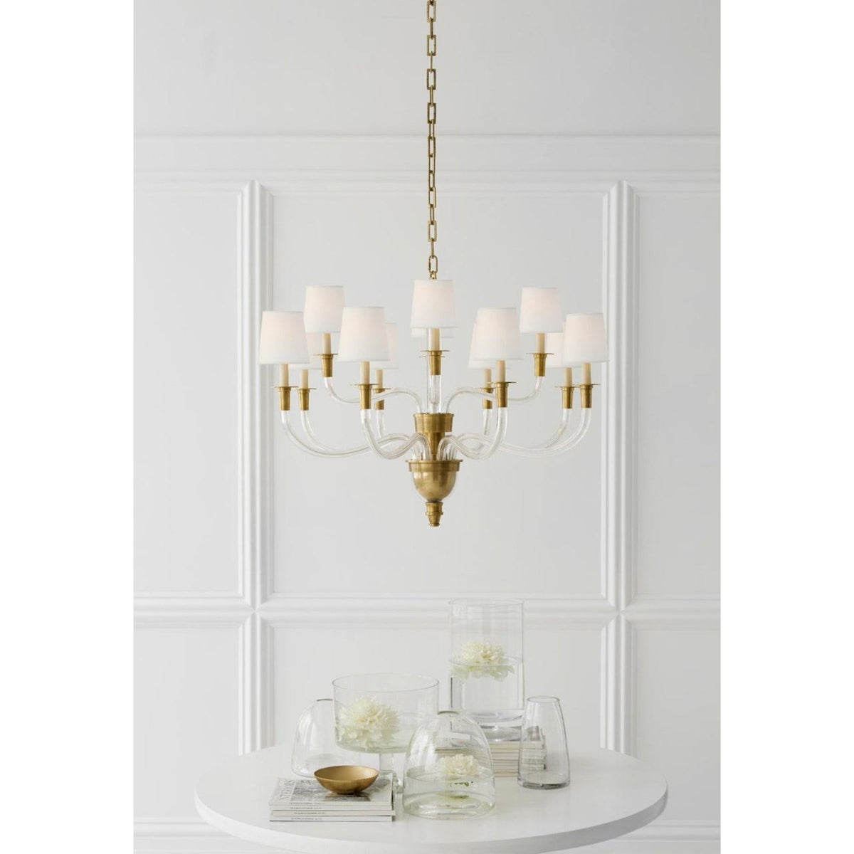 Thomas O'Brien Vivian Large Two-Tier Chandelier in Hand-Rubbed Antique Brass with Linen Shades W35.75" x H25"