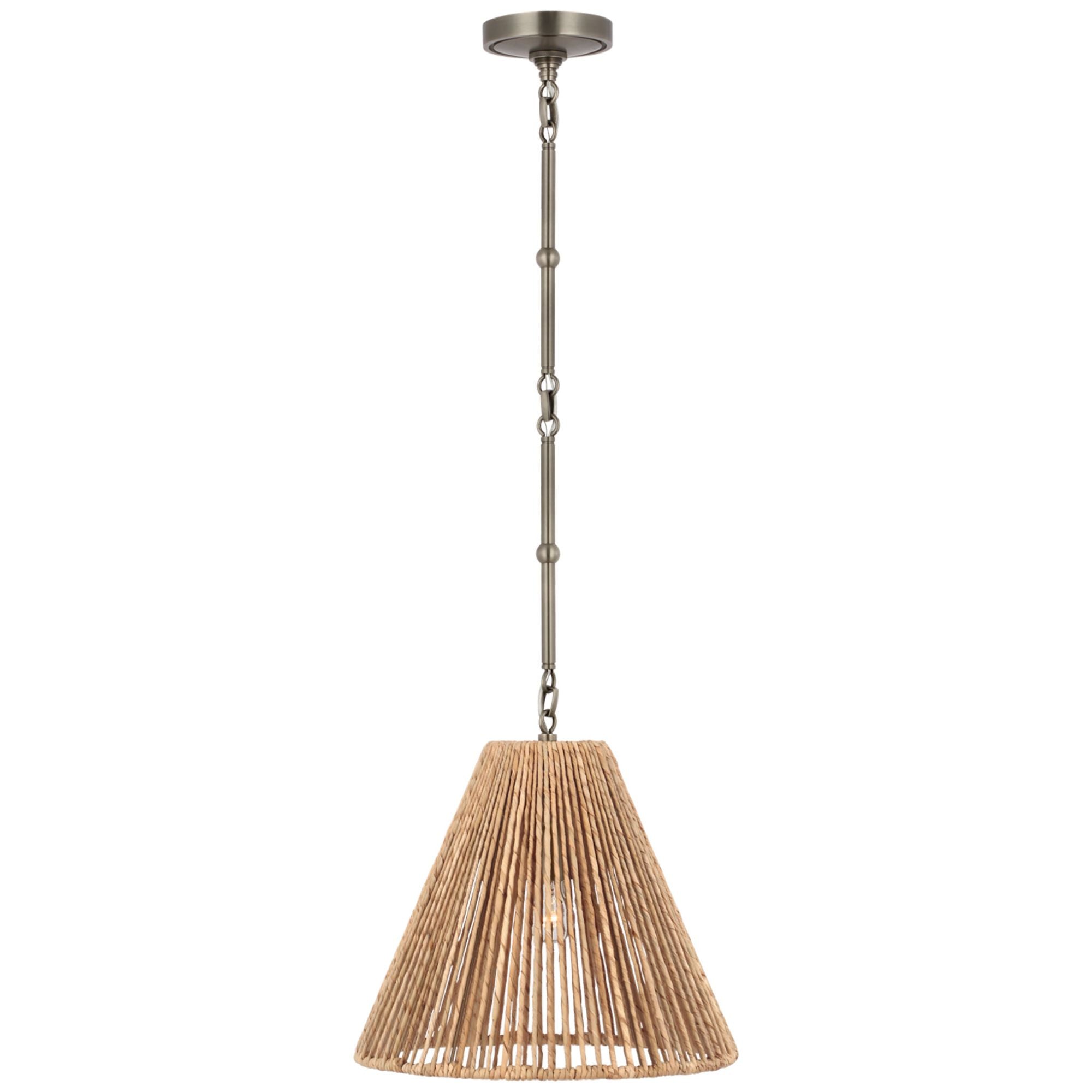 Thomas O'Brien Goodman Small Hanging Light in Antique Nickel with Natural Abaca Shade Ceiling Light W15"
