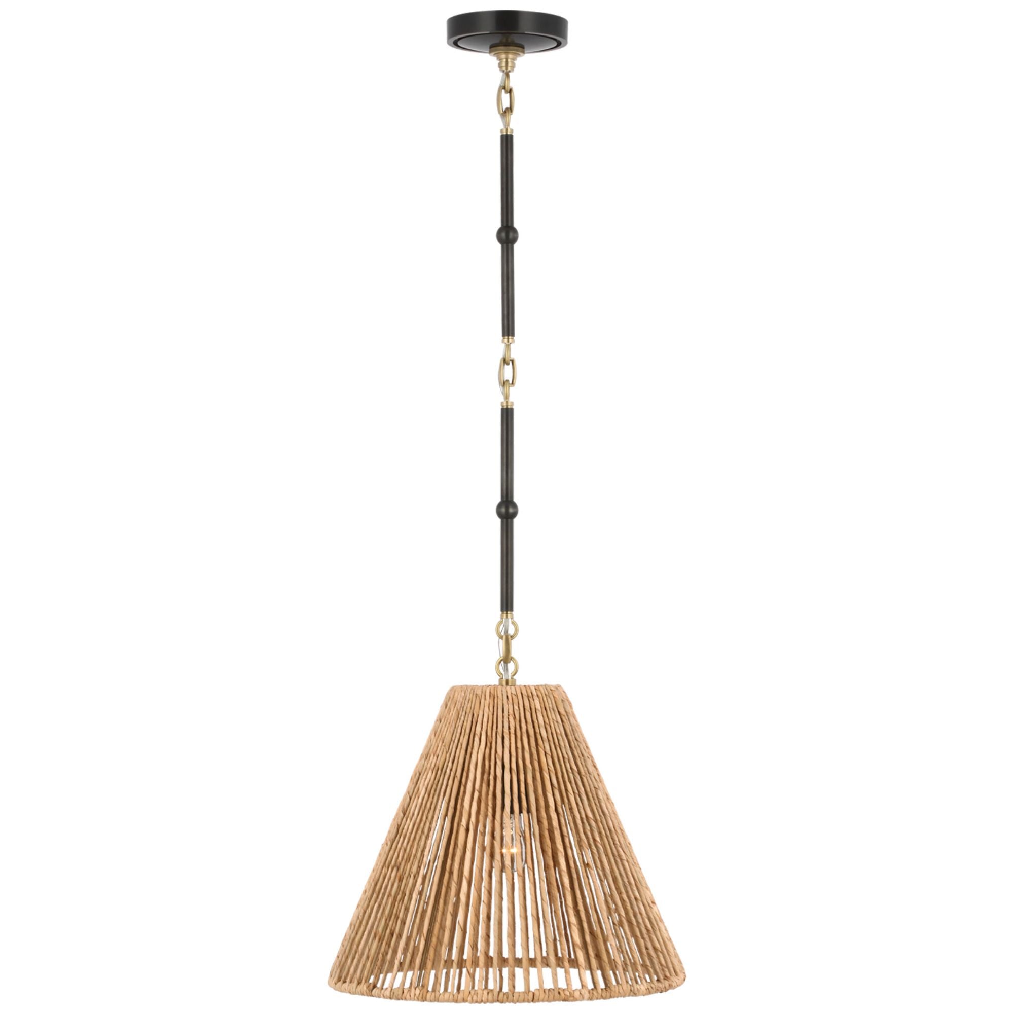 Thomas O'Brien Goodman Small Hanging Light in Bronze and Hand-Rubbed Antique Brass with Natural Abaca Shade Ceiling Light W15"